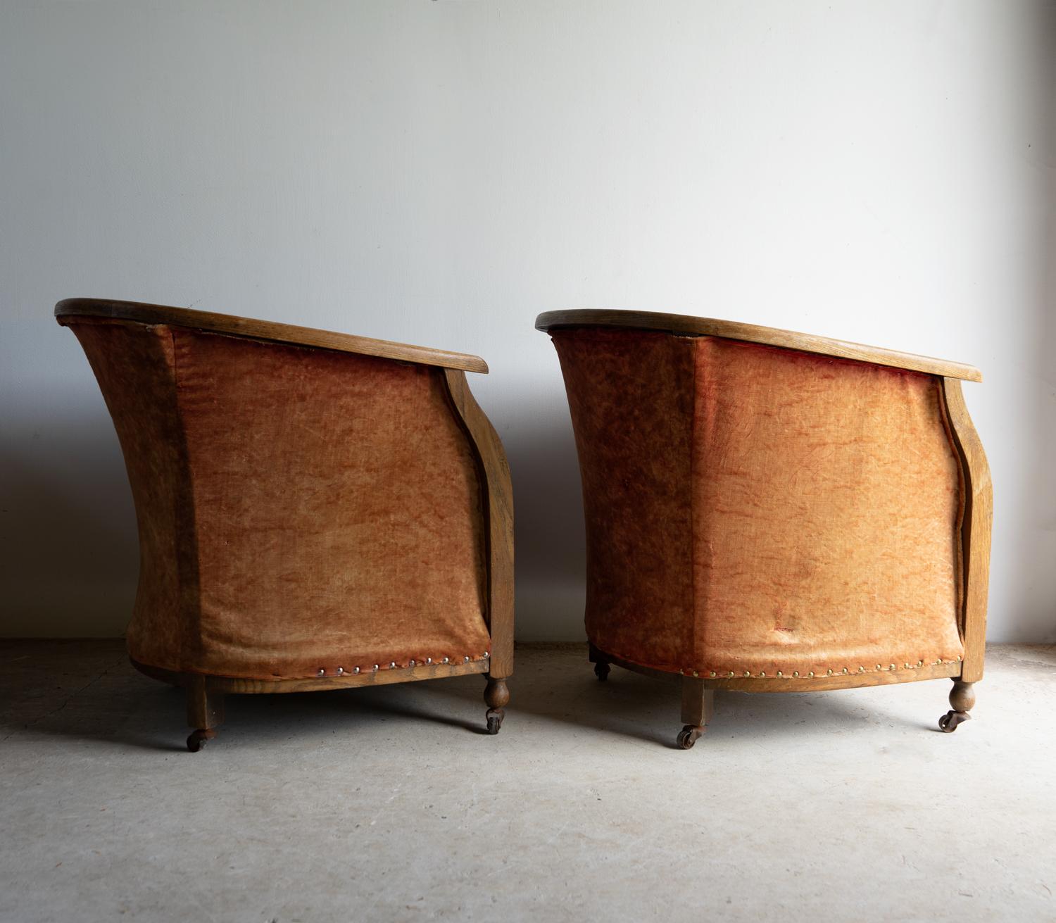 Pair Of Antique Oak And Velvet Bow Backed Tub Chairs, Early 20th Century For Sale 5