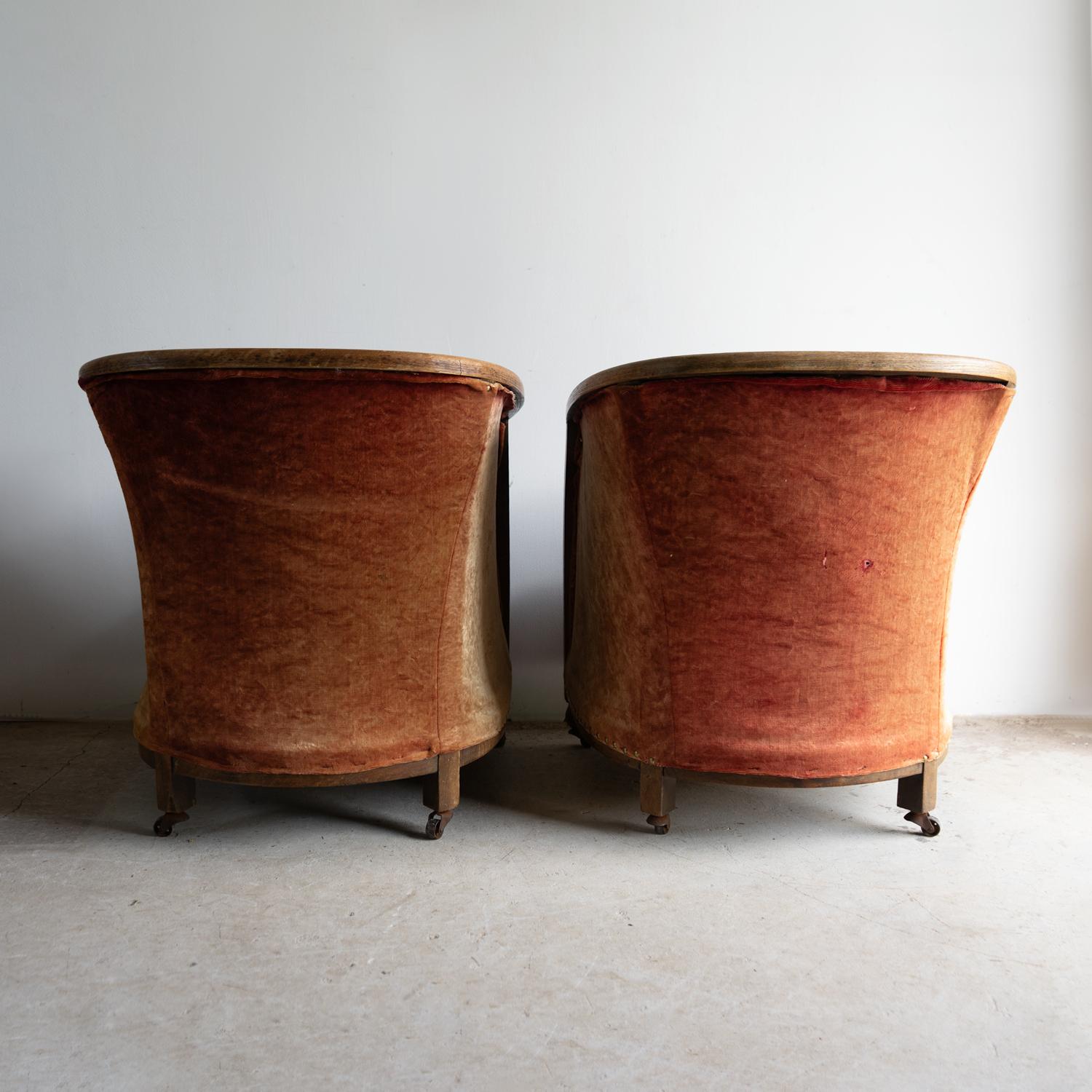 Pair Of Antique Oak And Velvet Bow Backed Tub Chairs, Early 20th Century For Sale 6