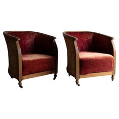 Pair Of Antique Oak And Velvet Bow Backed Tub Chairs, Early 20th Century