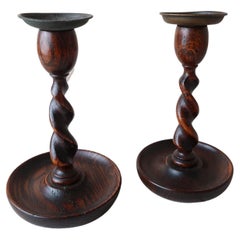 Near Pair of Antique Oak Barley Twist Candlesticks, English, circa 1920