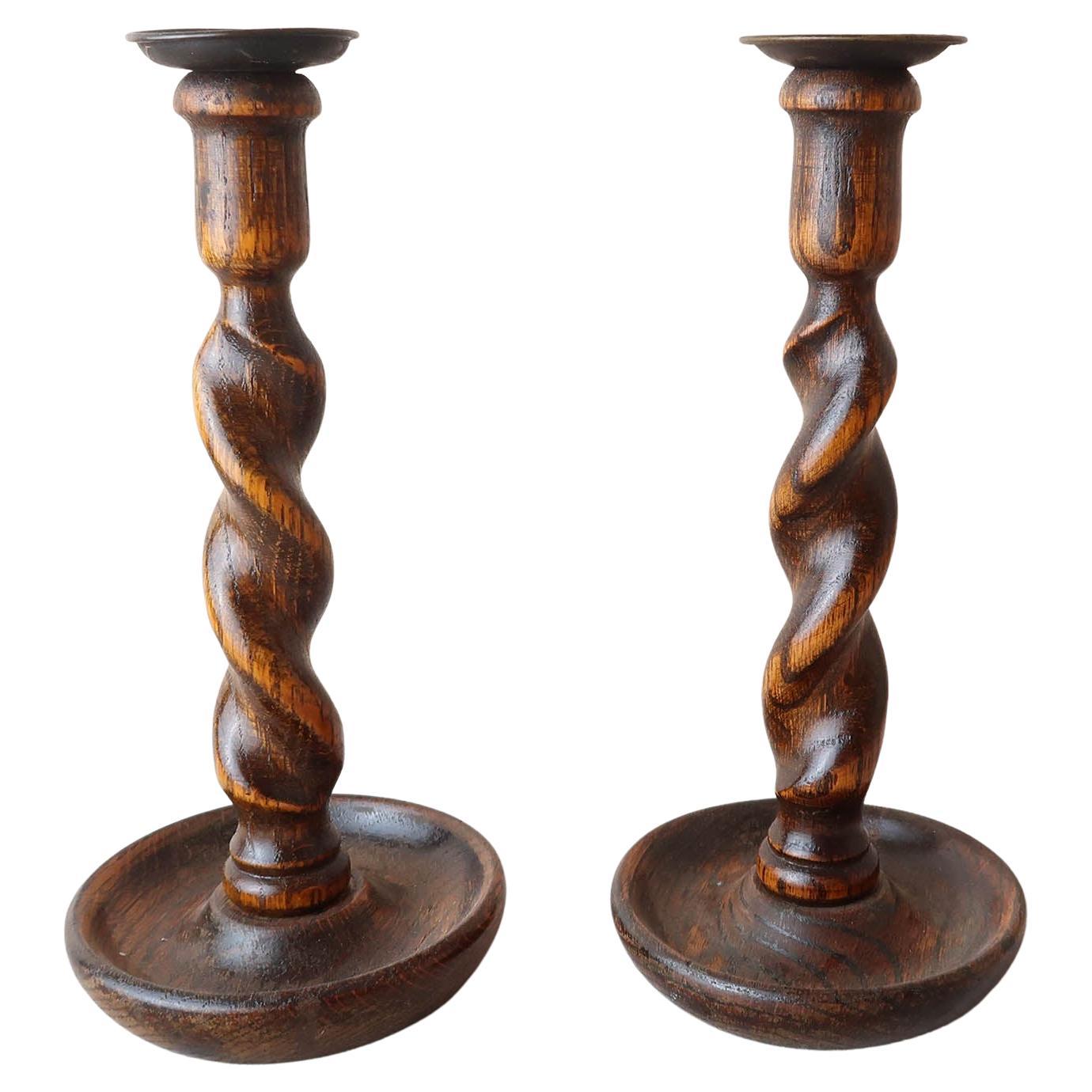 Pair of Antique English Oak Open Barley Twist Candlesticks, circa 1900 at 1stDibs