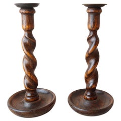 Pair of Antique Oak Barley Twist Candlesticks, English, circa 1920