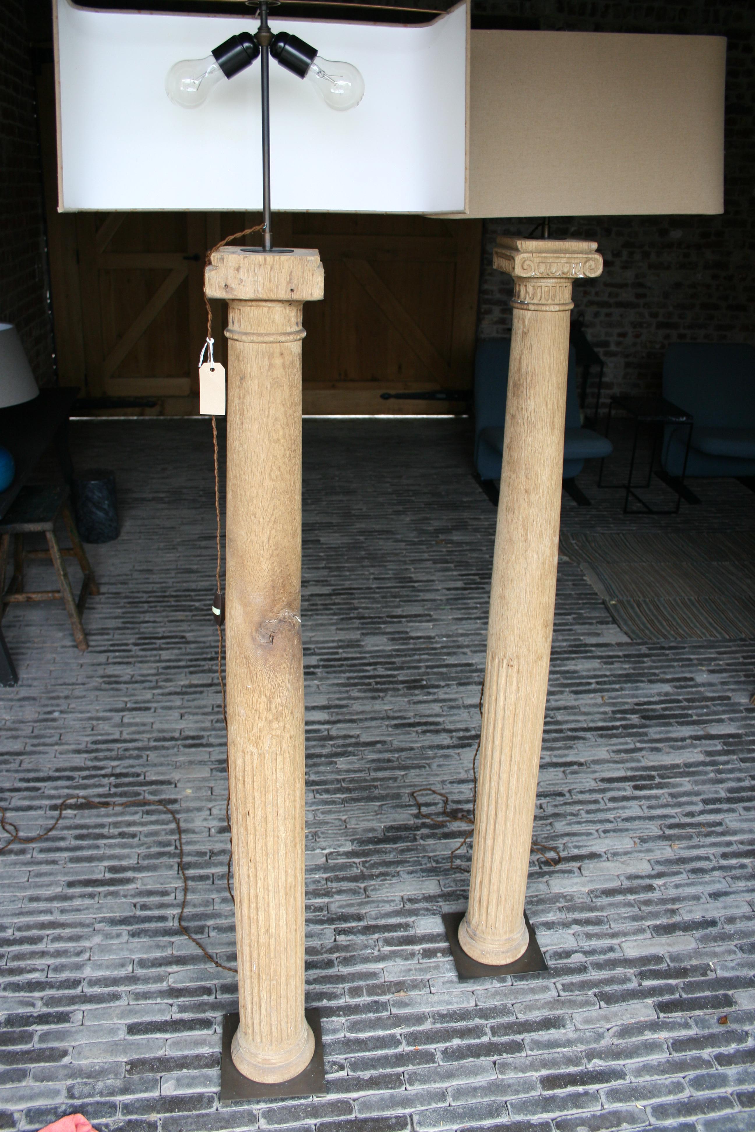 19th Century Pair of Antique Oak Carved Columns Mounted as Floorlamps For Sale