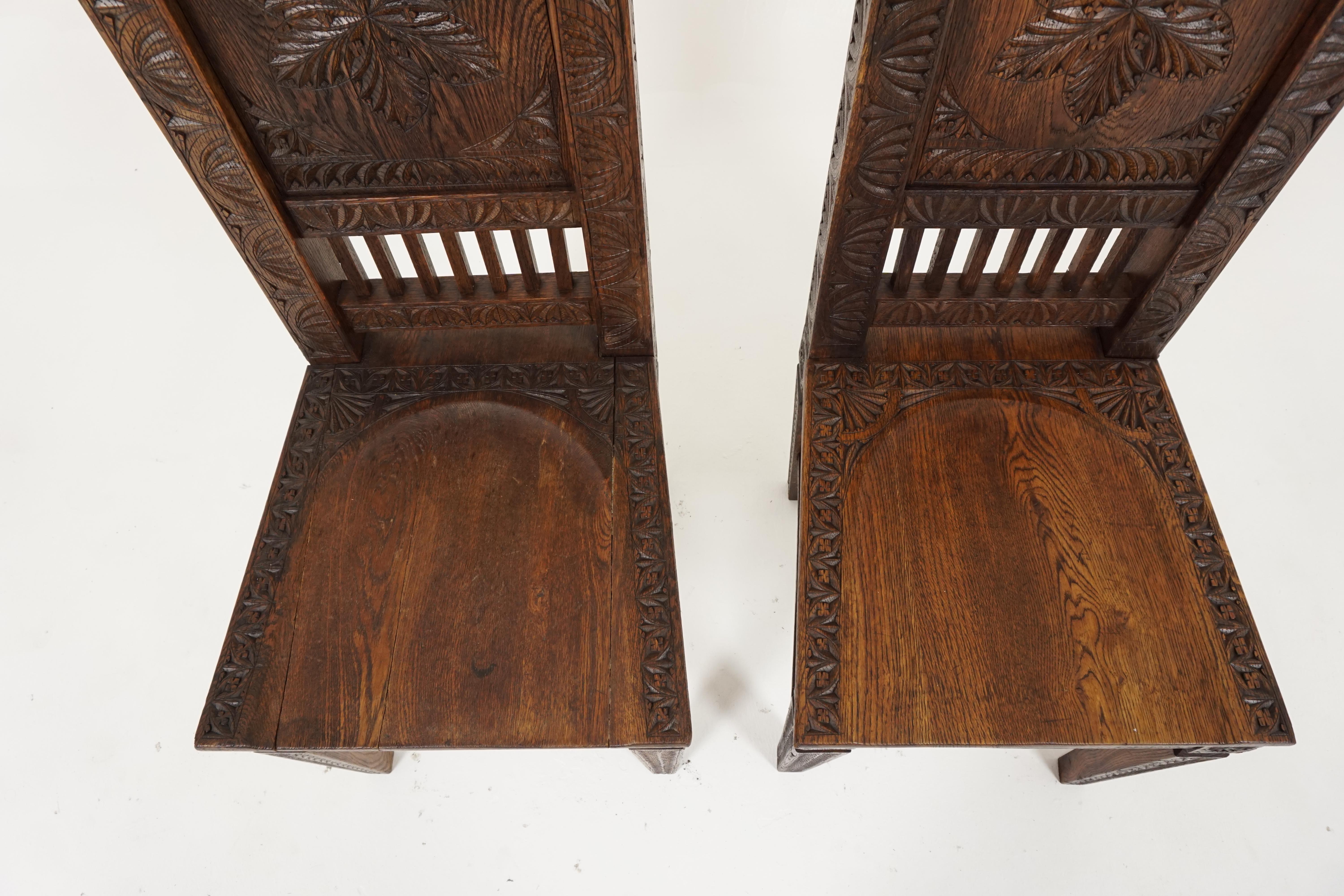 Pair of Antique Oak Chairs, Heavily Carved Hall Chairs with Chip Carving, Antique Furniture, Scotland 1890, B1807

Scotland 1890
Solid Oak
Original Finish
Carved Panel Back
Carved Supports with Finials to the Top
Solid Oak Seat with Carved