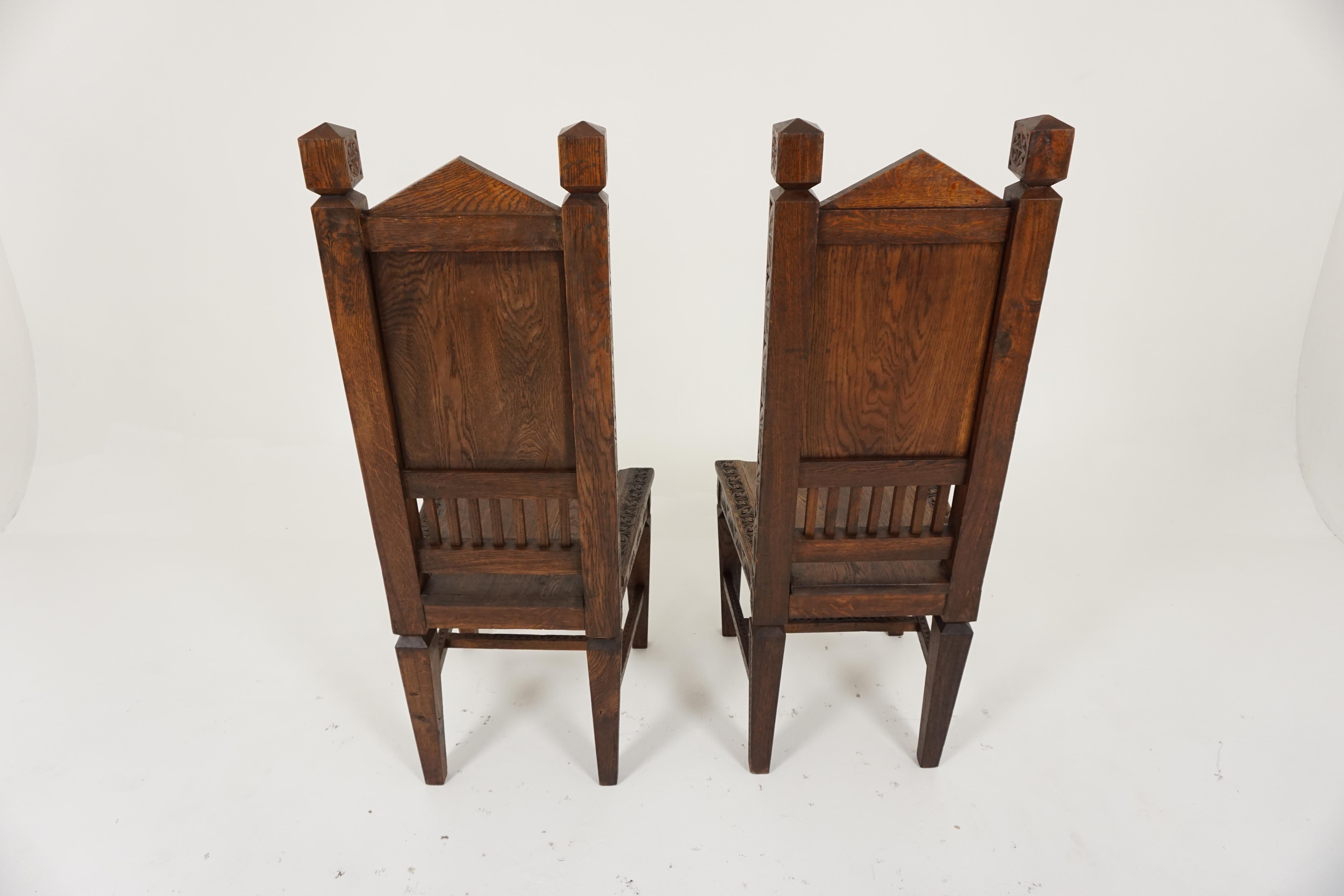 Hand-Crafted Pair of Antique Oak Chairs, Heavily Carved Hall Chairs, Scotland 1890, B1807