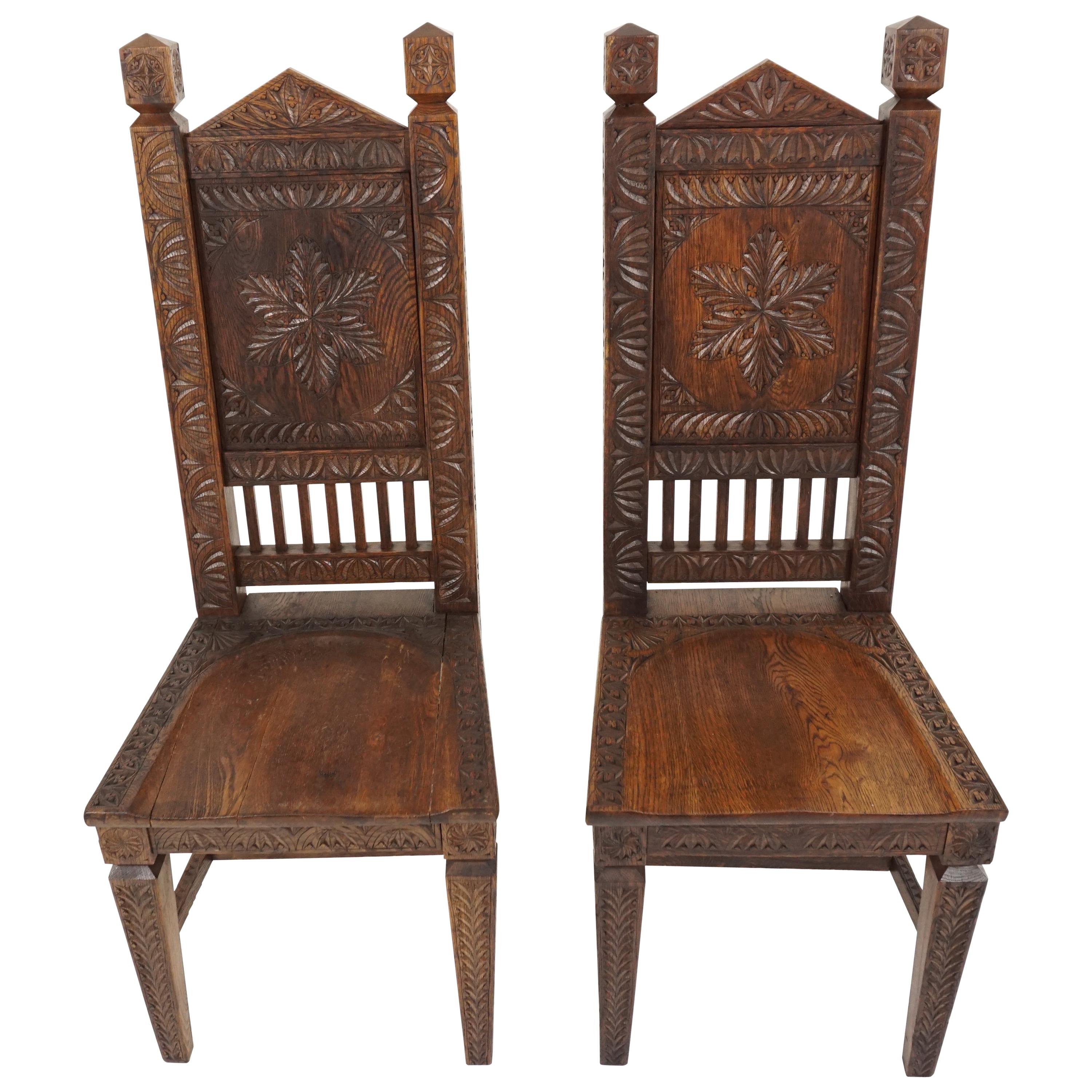 Pair of Antique Oak Chairs, Heavily Carved Hall Chairs, Scotland 1890, B1807