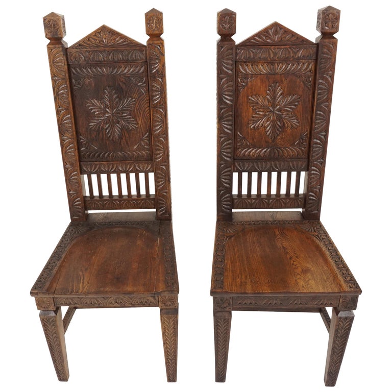 Pair Of Antique Oak Chairs Heavily, Antique Oak Chairs With Carvings