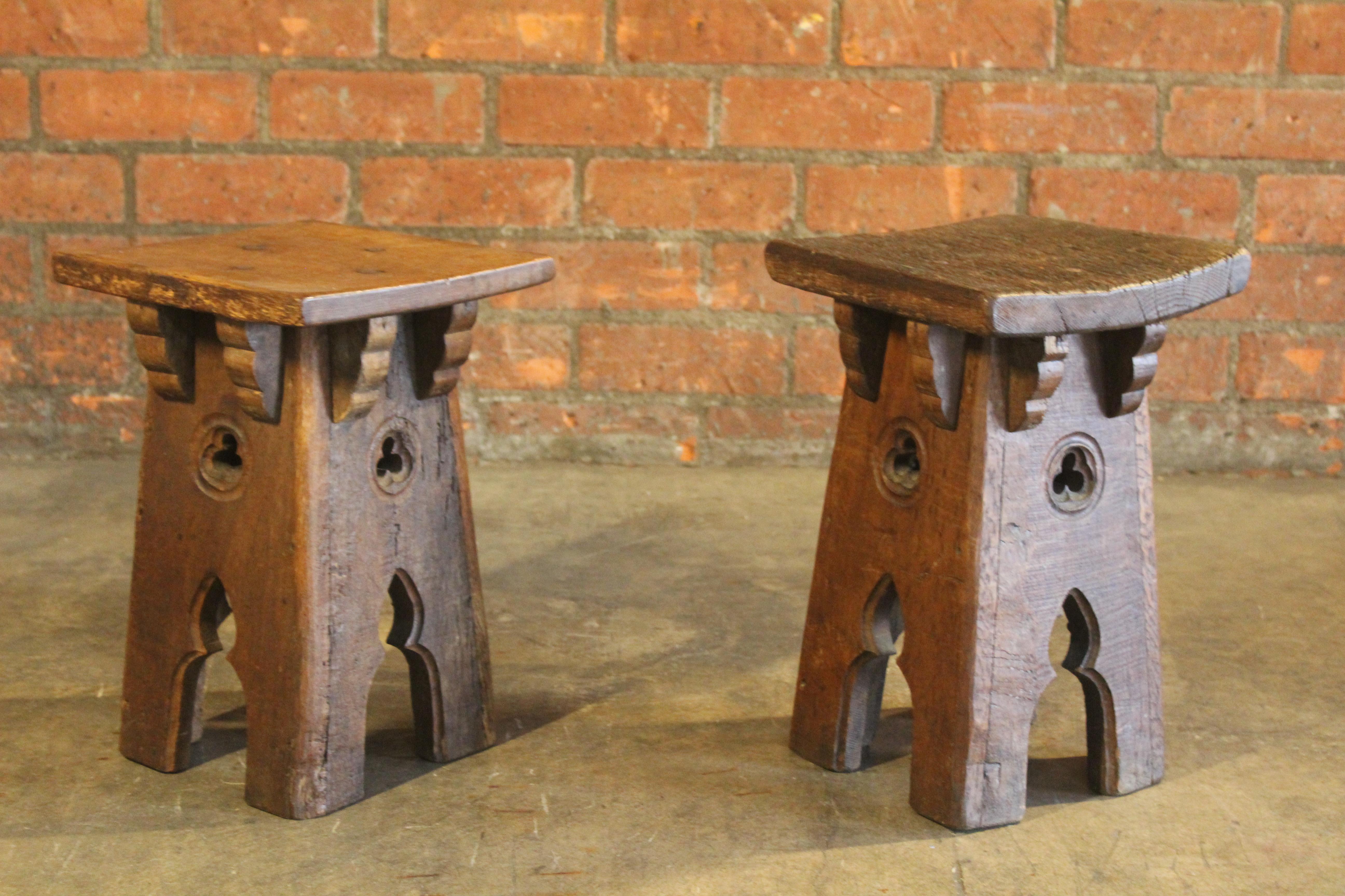 Pair of Antique Oak Gothic Revival French Stools 7