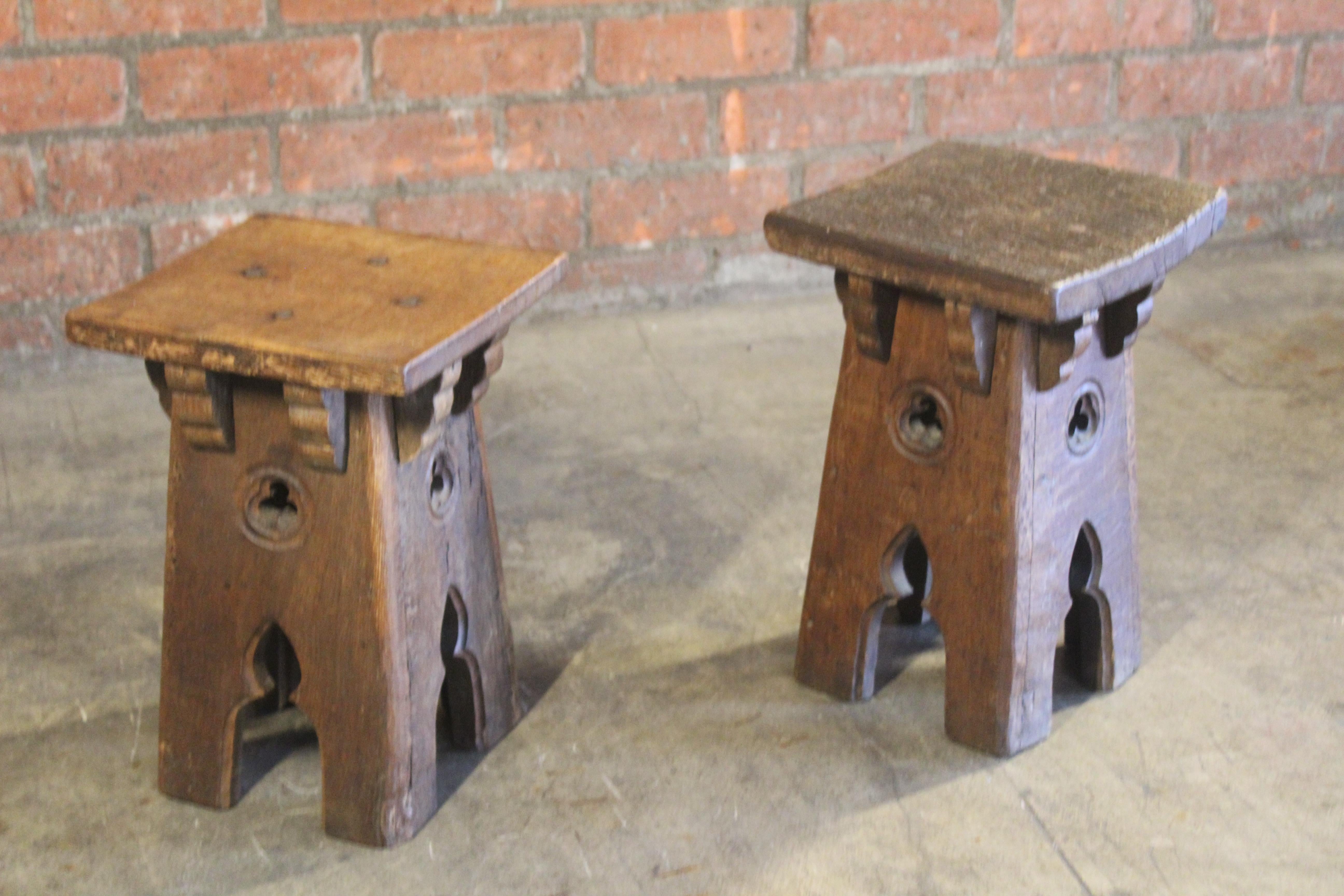 Pair of Antique Oak Gothic Revival French Stools 8