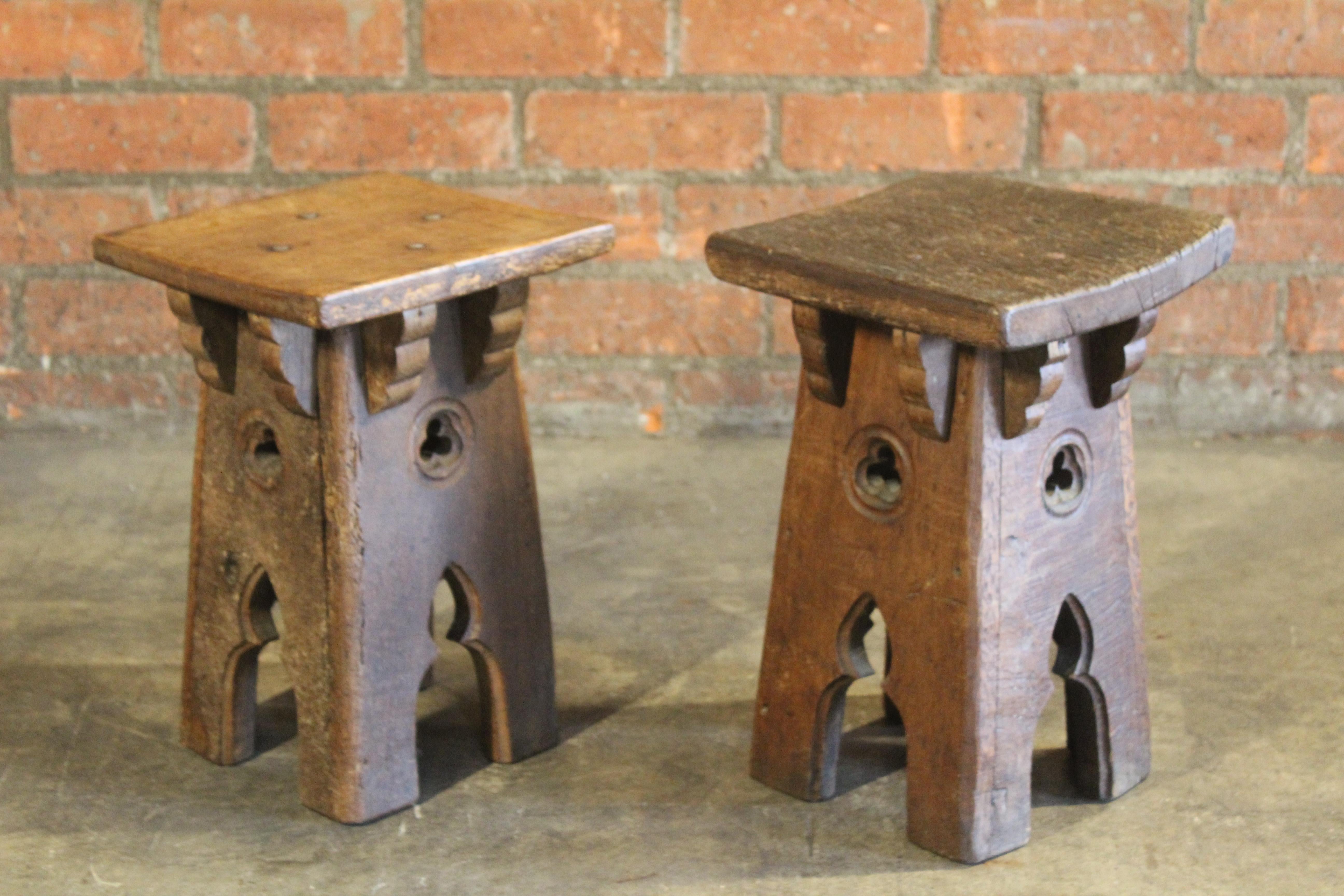 Pair of Antique Oak Gothic Revival French Stools 11