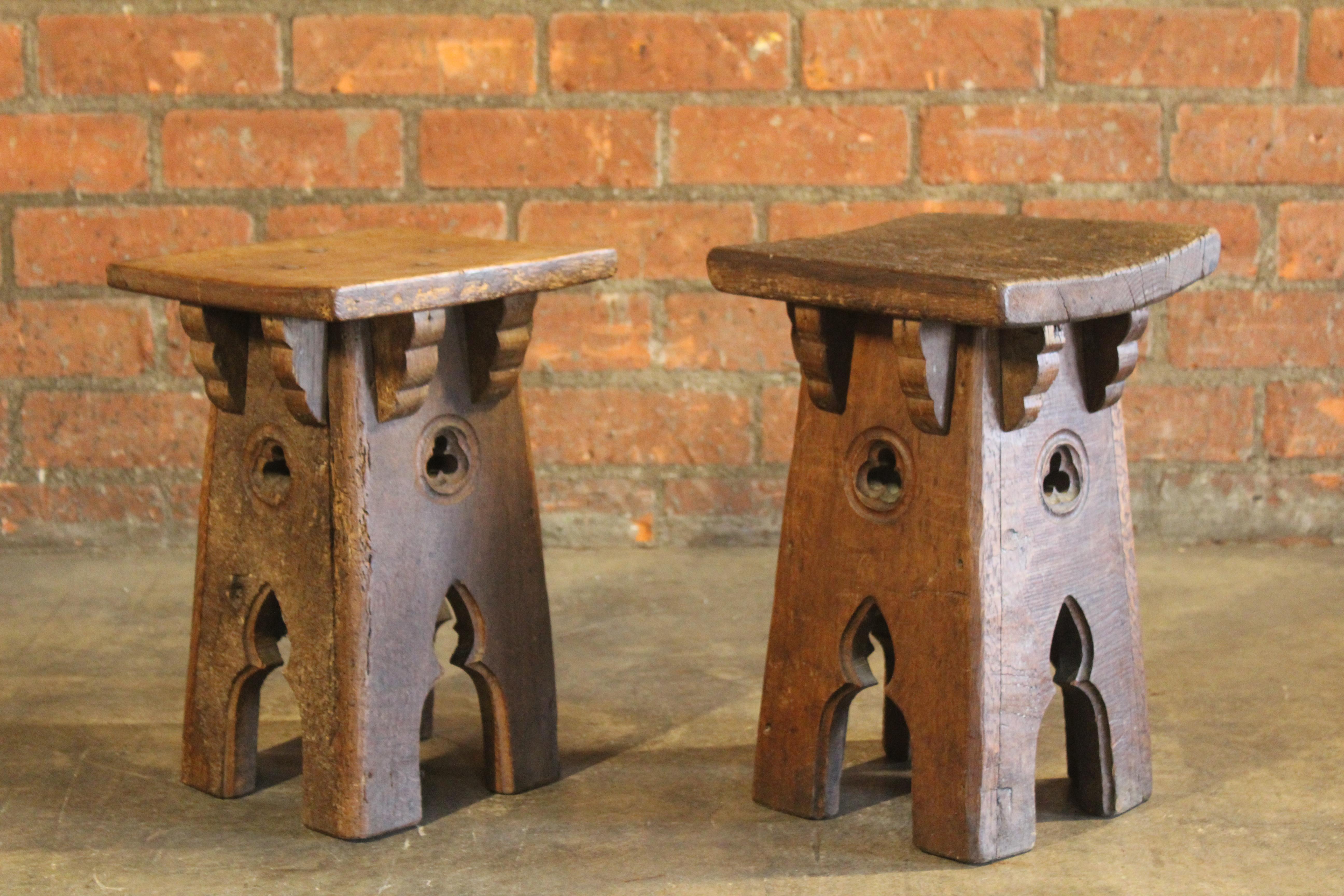 Pair of Antique Oak Gothic Revival French Stools 12