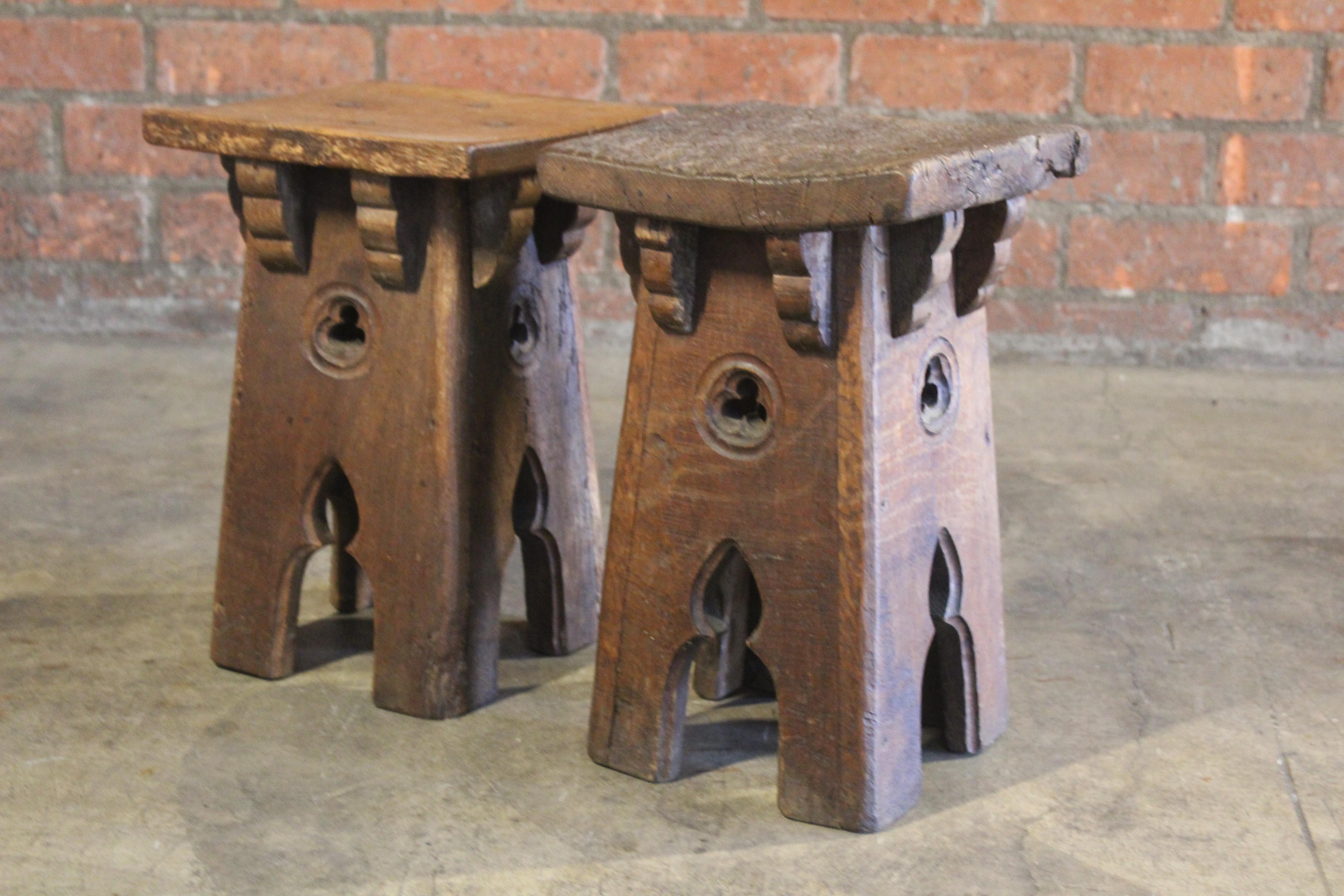Pair of Antique Oak Gothic Revival French Stools In Fair Condition In Los Angeles, CA