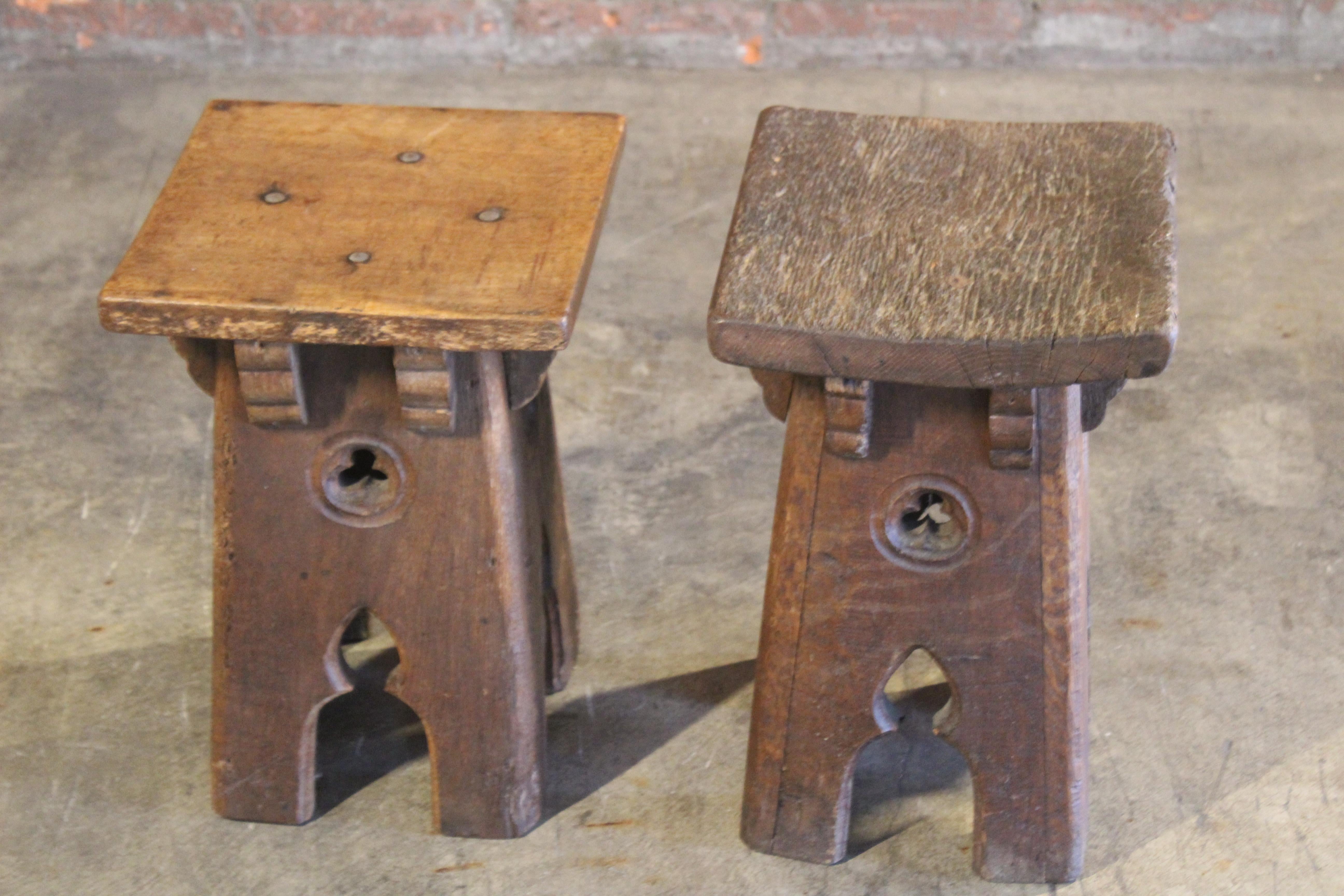 Early 20th Century Pair of Antique Oak Gothic Revival French Stools