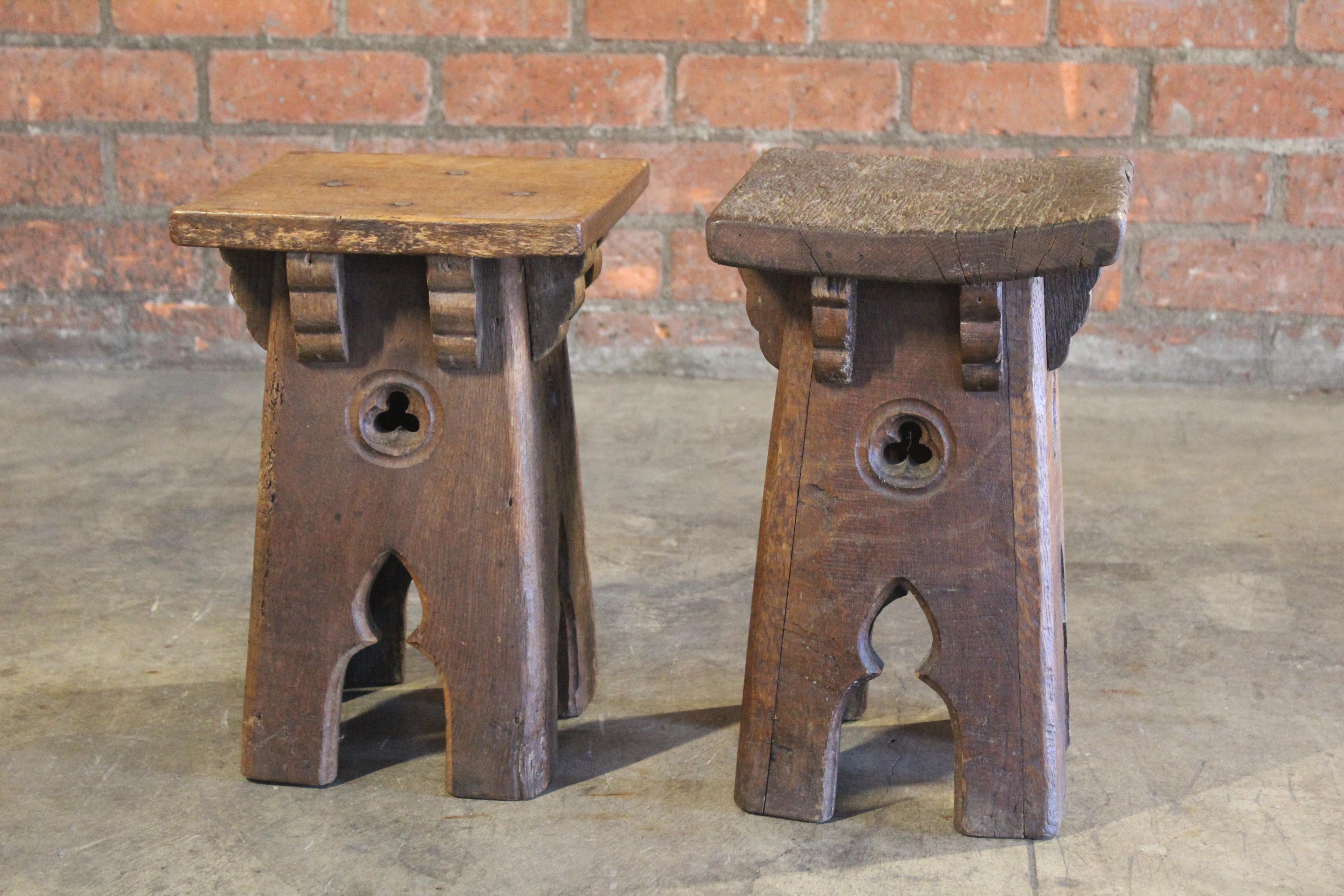 Pair of Antique Oak Gothic Revival French Stools 1
