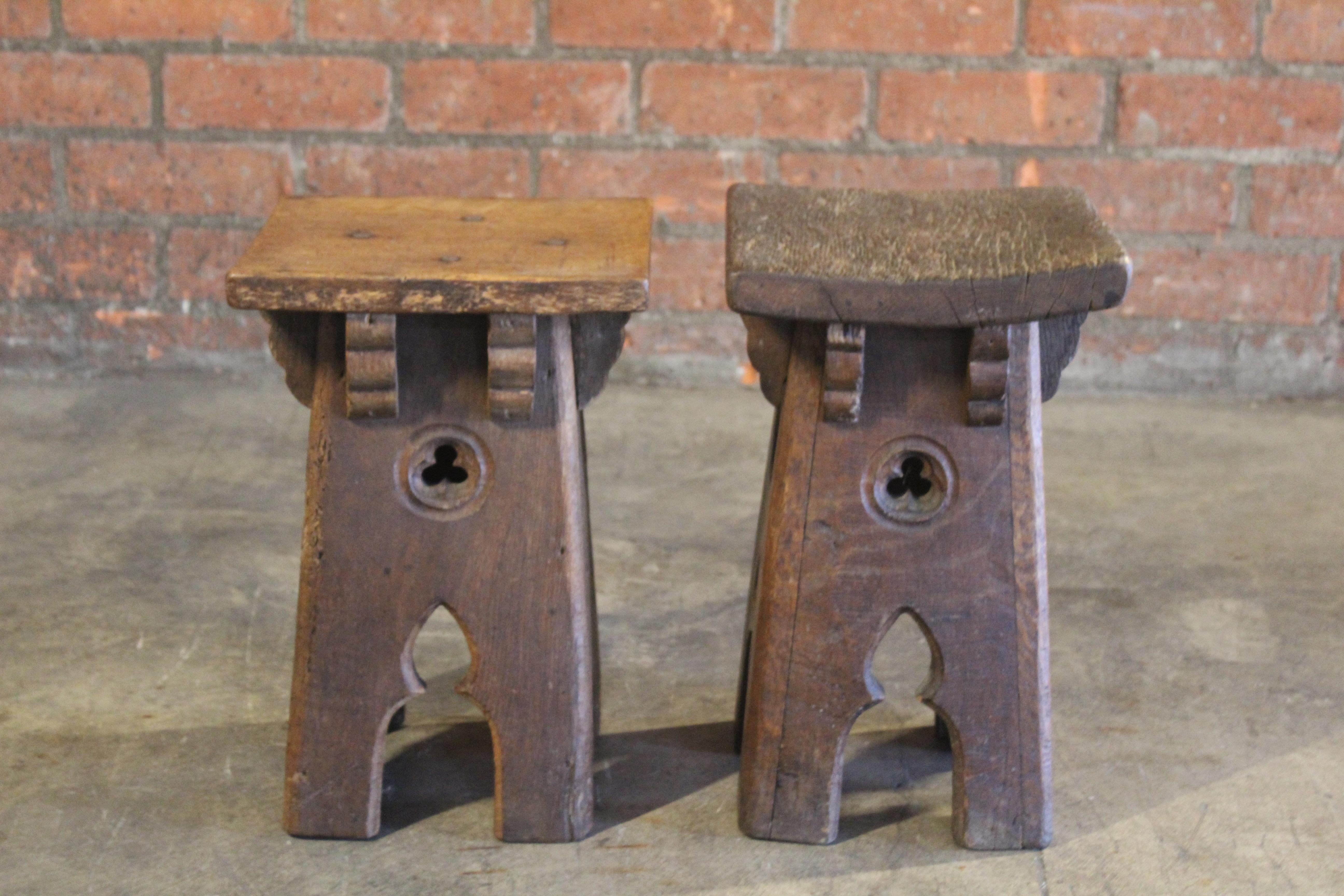 Pair of Antique Oak Gothic Revival French Stools 2
