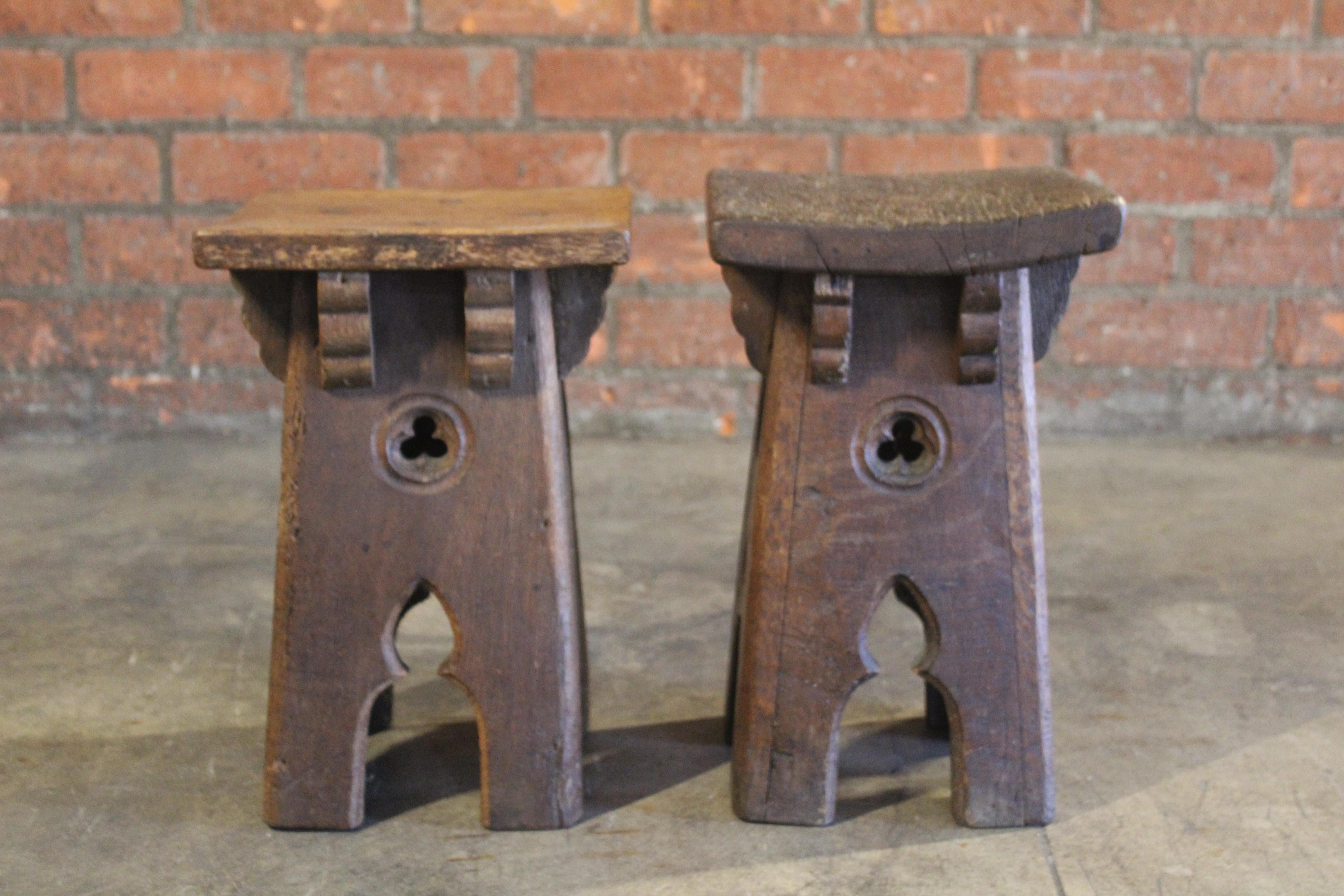 Pair of Antique Oak Gothic Revival French Stools 3