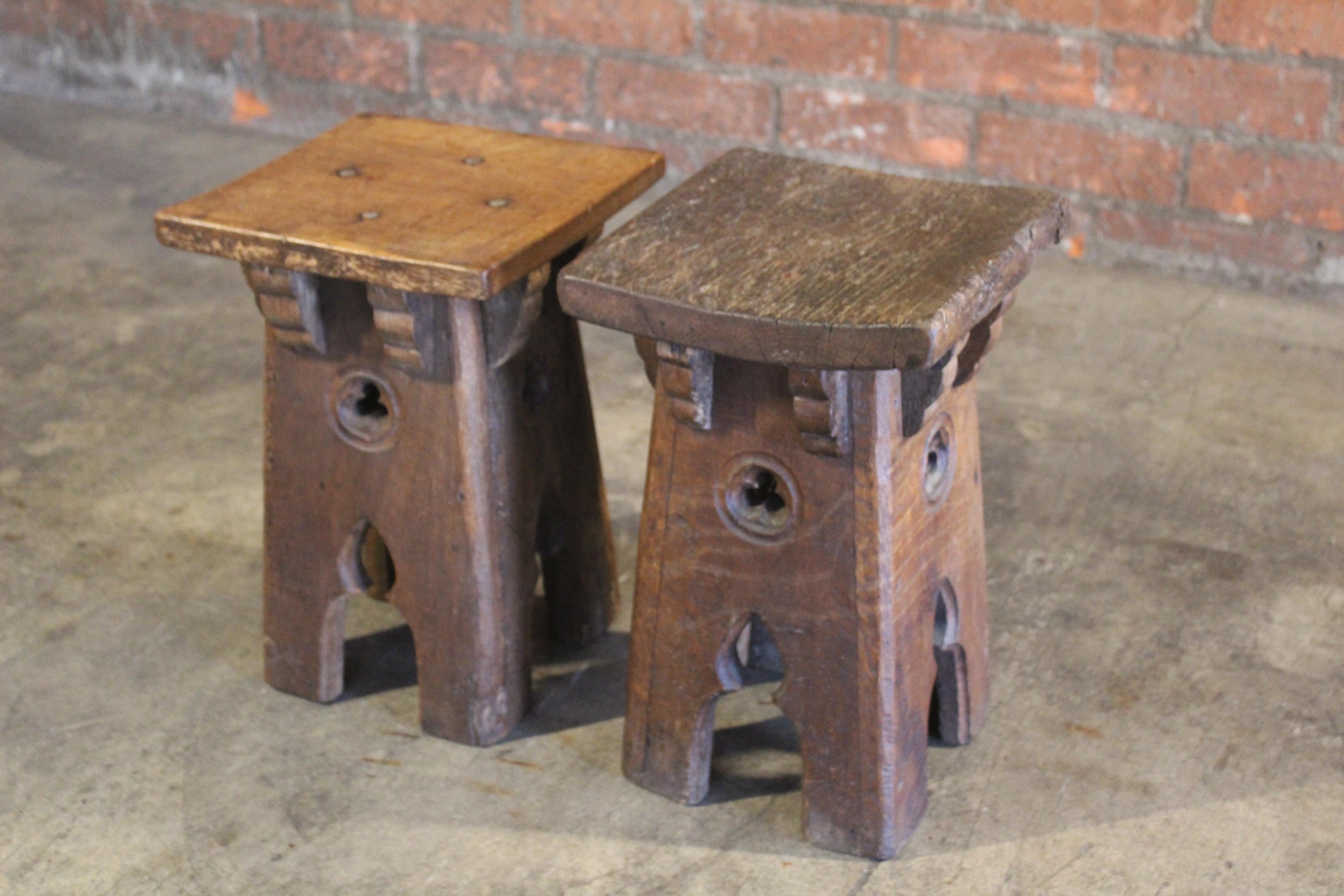 Pair of Antique Oak Gothic Revival French Stools 4