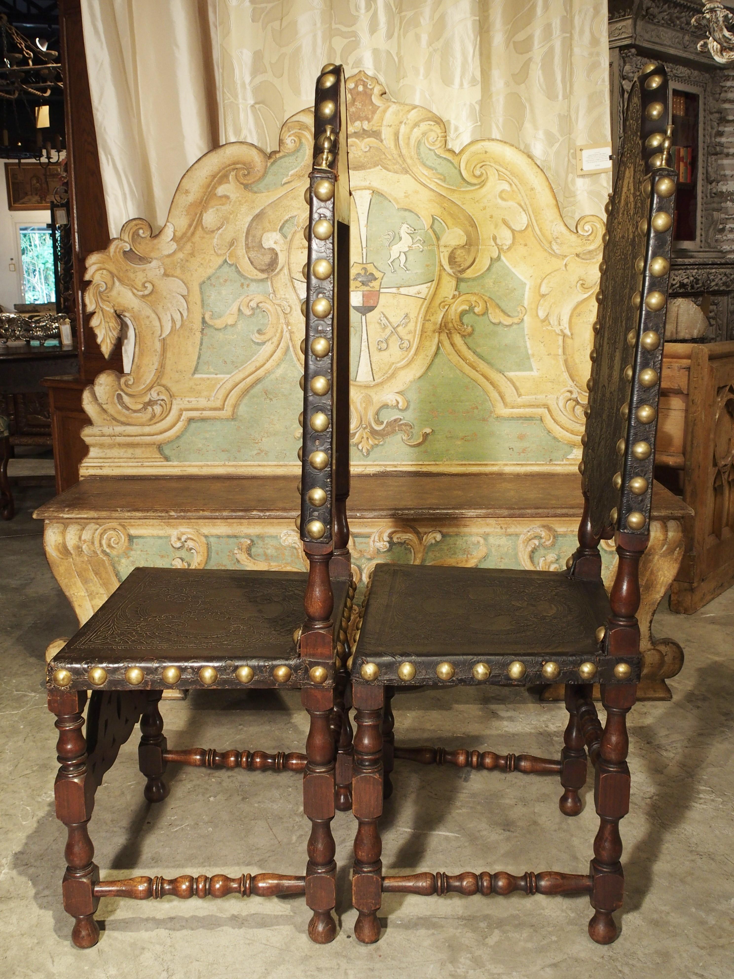 Pair of Antique Oak, Leather, and Brass Side Chairs from Portugal, 19th Century 8