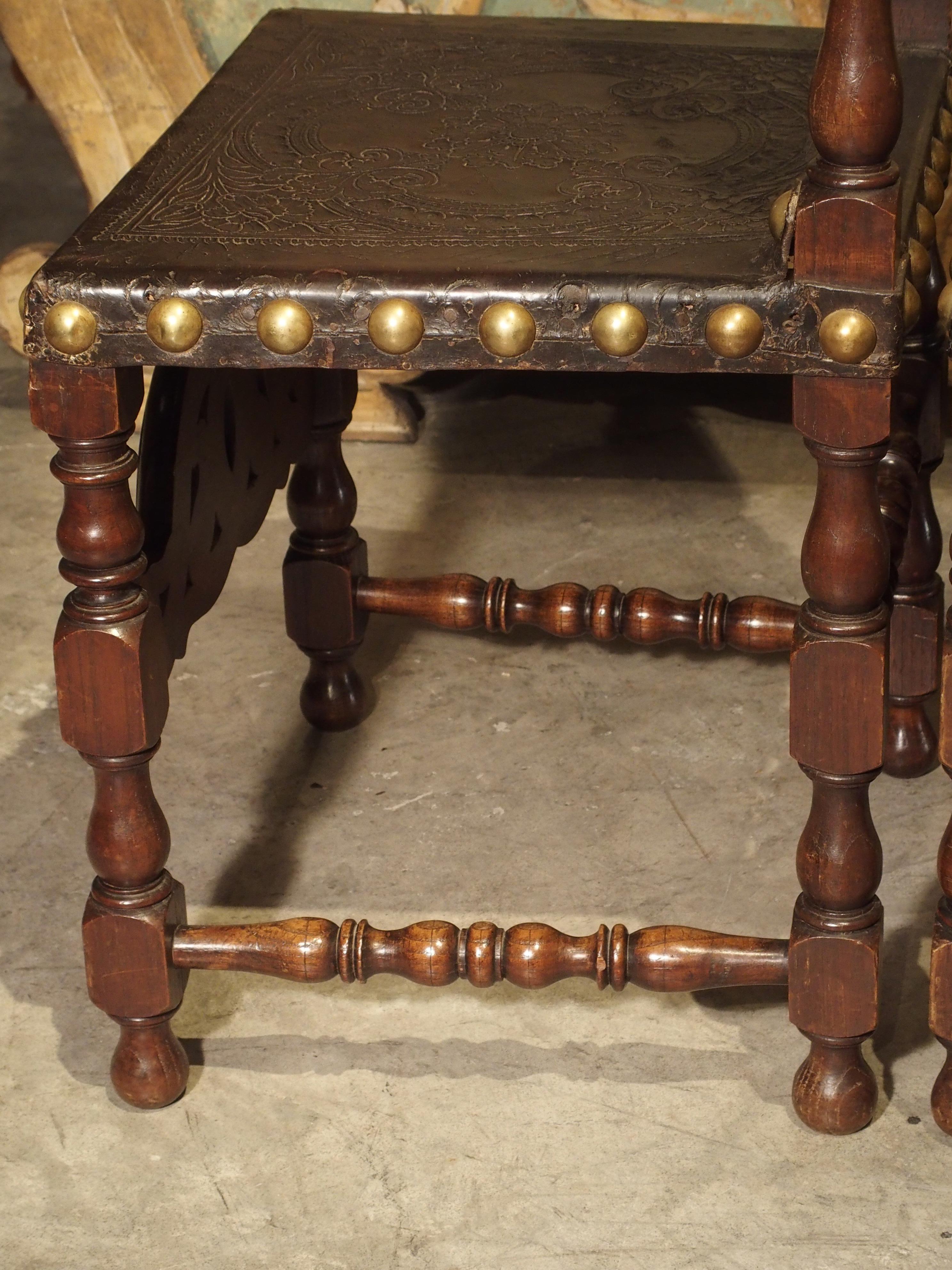 Pair of Antique Oak, Leather, and Brass Side Chairs from Portugal, 19th Century 9