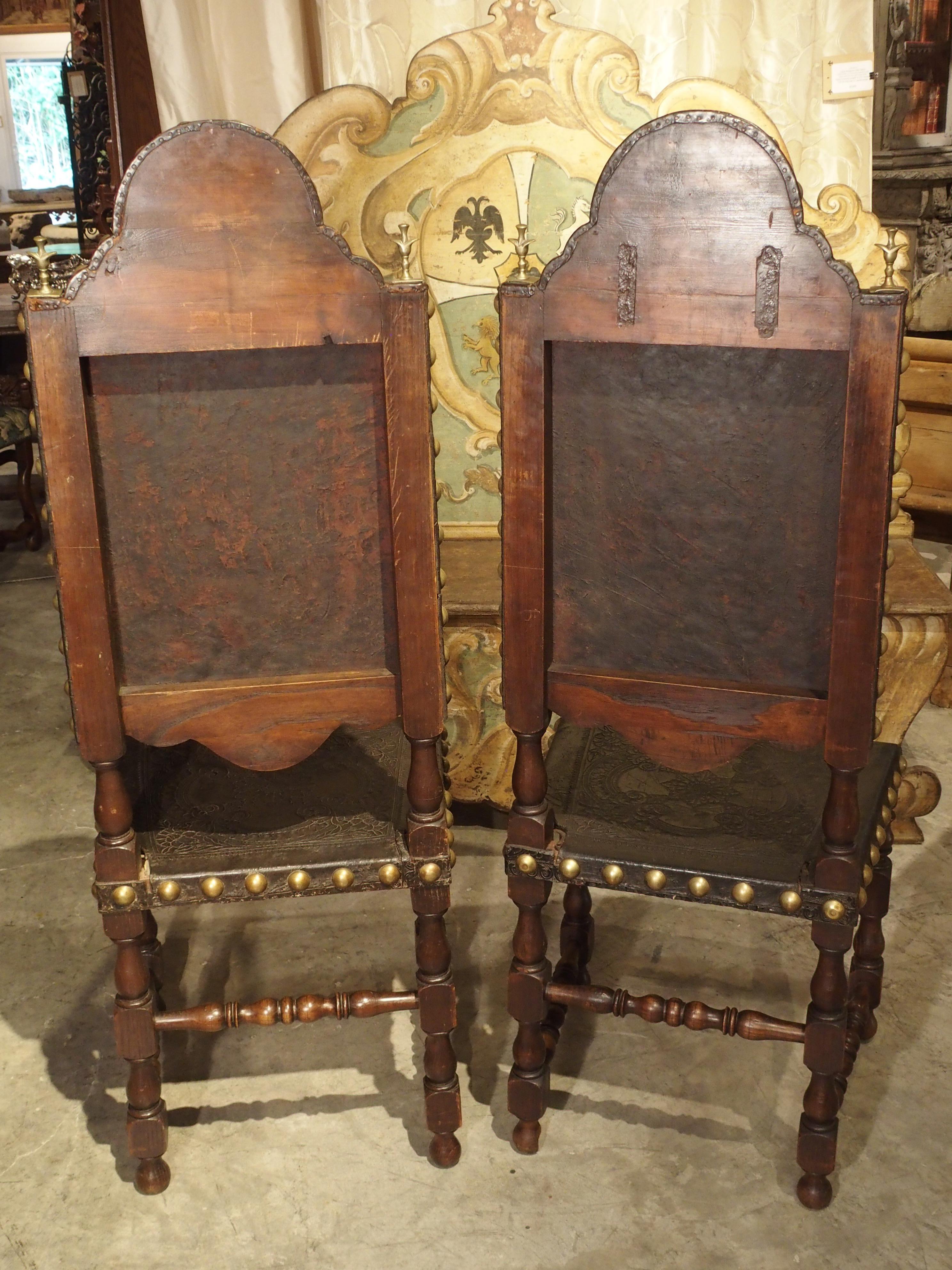 Pair of Antique Oak, Leather, and Brass Side Chairs from Portugal, 19th Century 11