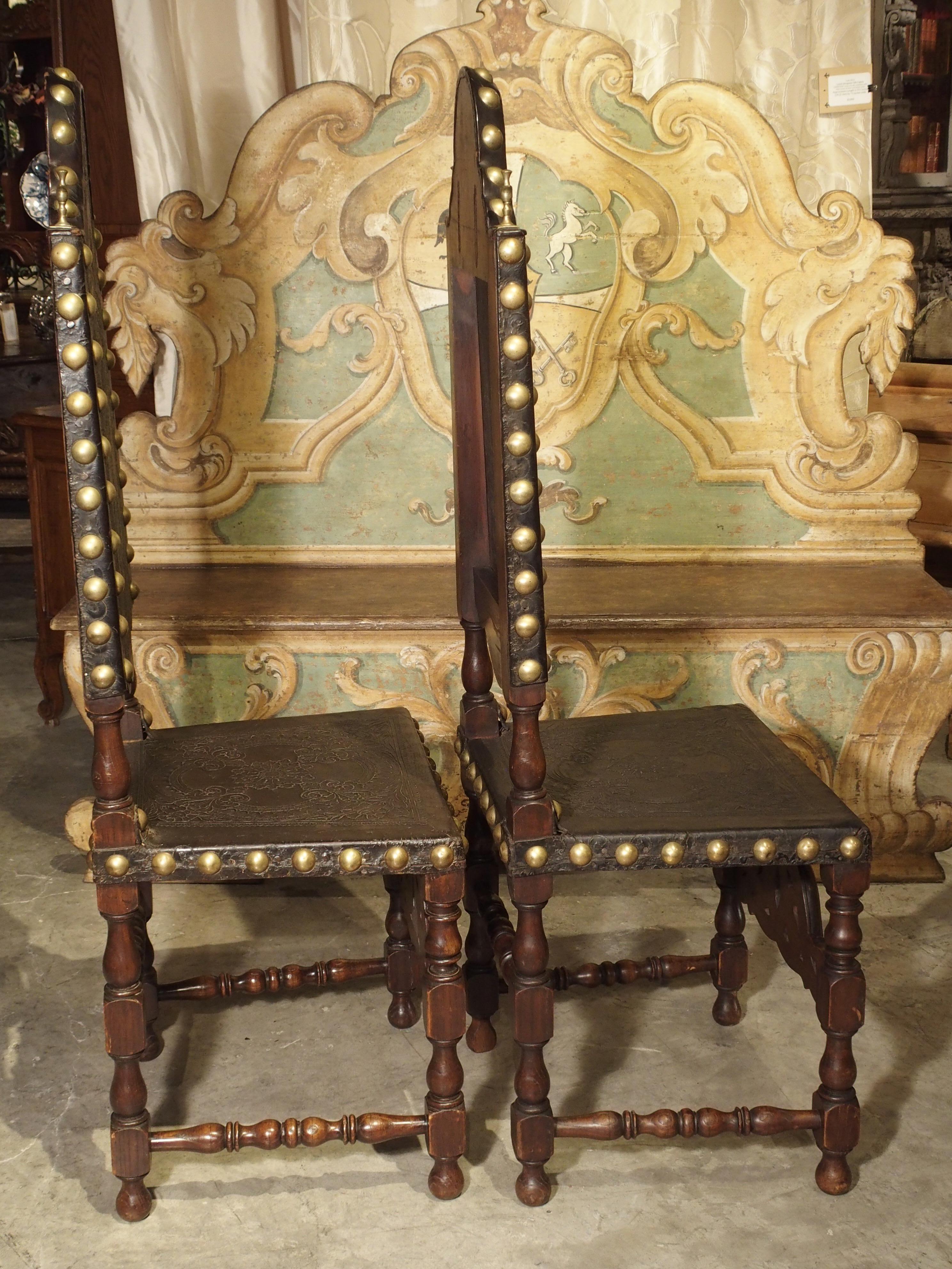 Pair of Antique Oak, Leather, and Brass Side Chairs from Portugal, 19th Century 12