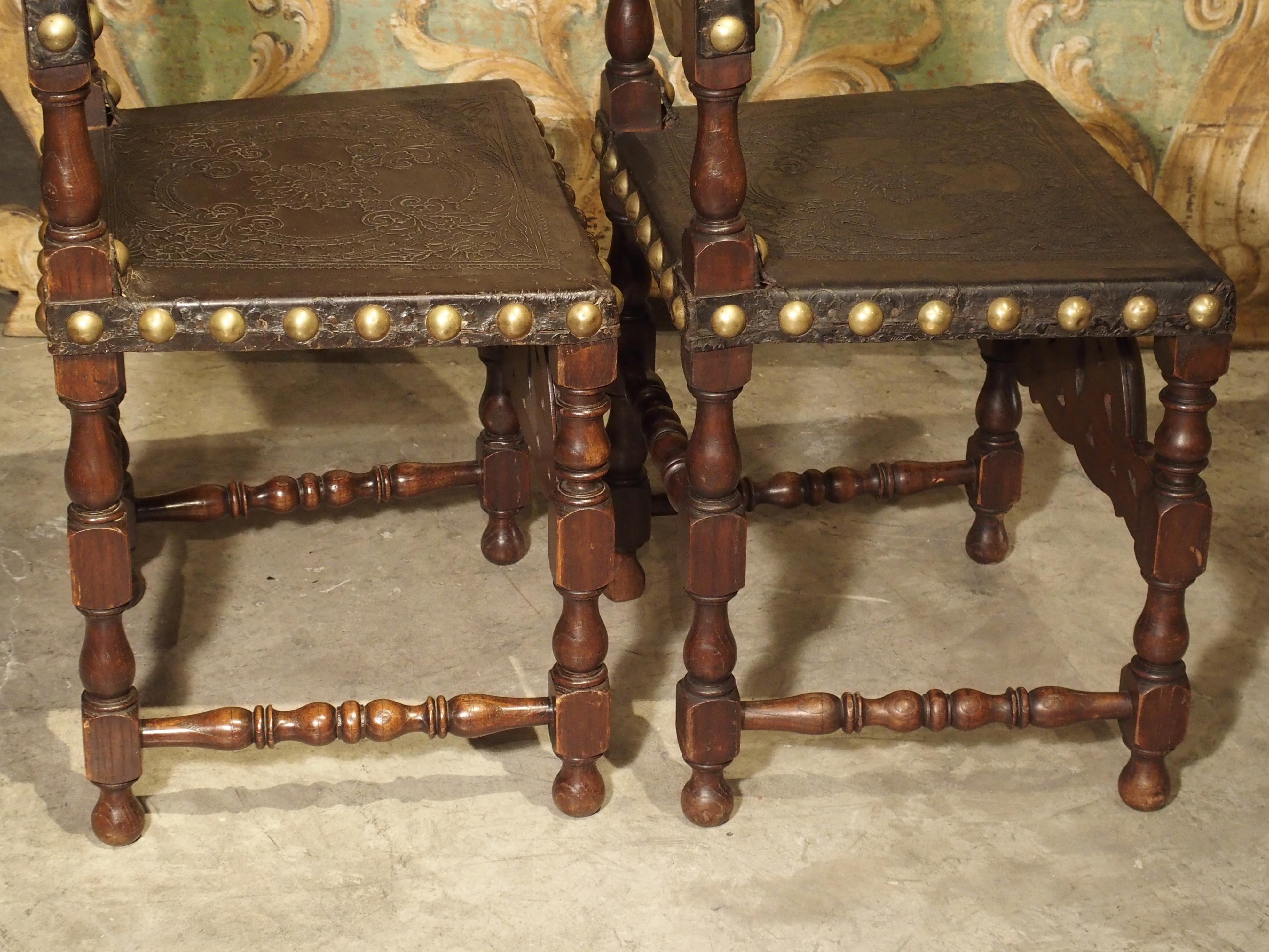 Pair of Antique Oak, Leather, and Brass Side Chairs from Portugal, 19th Century 13