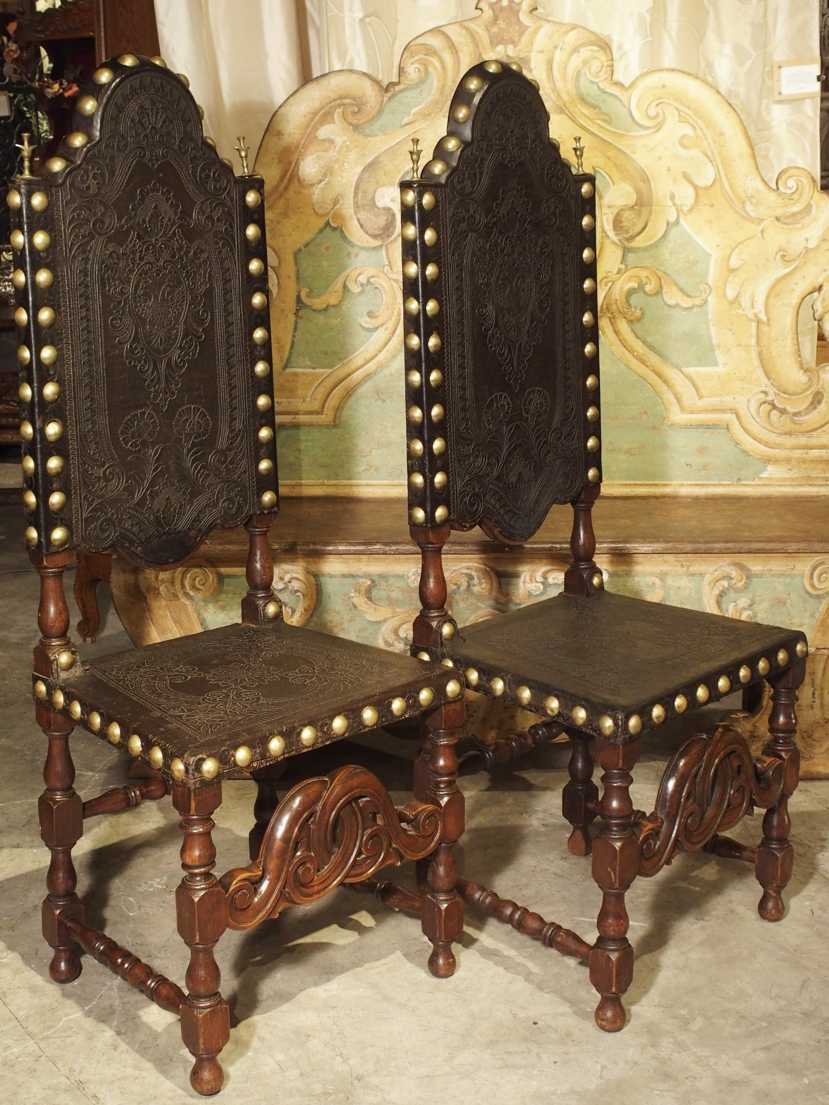 Pair of Antique Oak, Leather, and Brass Side Chairs from Portugal, 19th Century 14