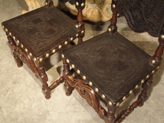 Pair of Antique Oak, Leather, and Brass Side Chairs from Portugal, 19th Century