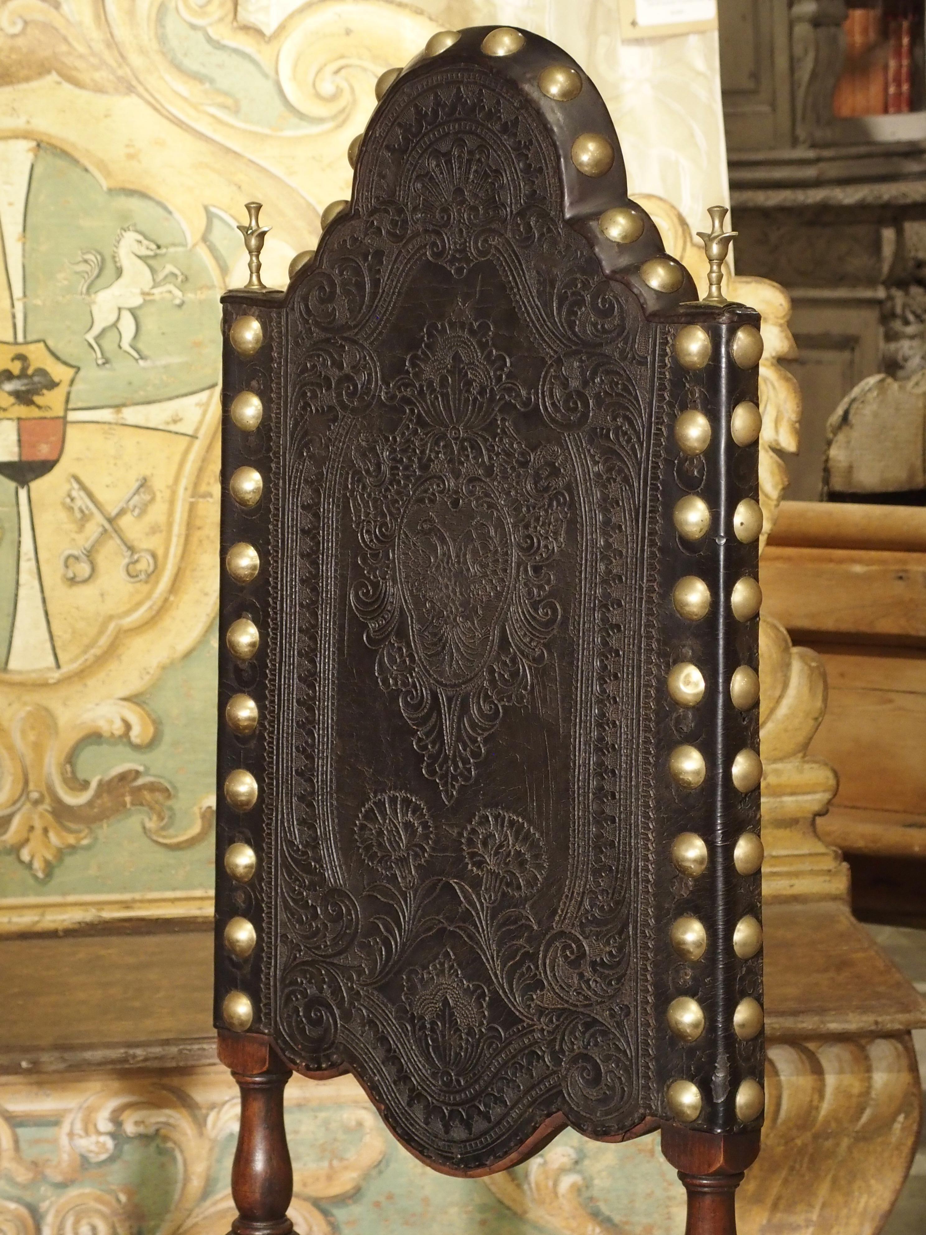 Pair of Antique Oak, Leather, and Brass Side Chairs from Portugal, 19th Century 15