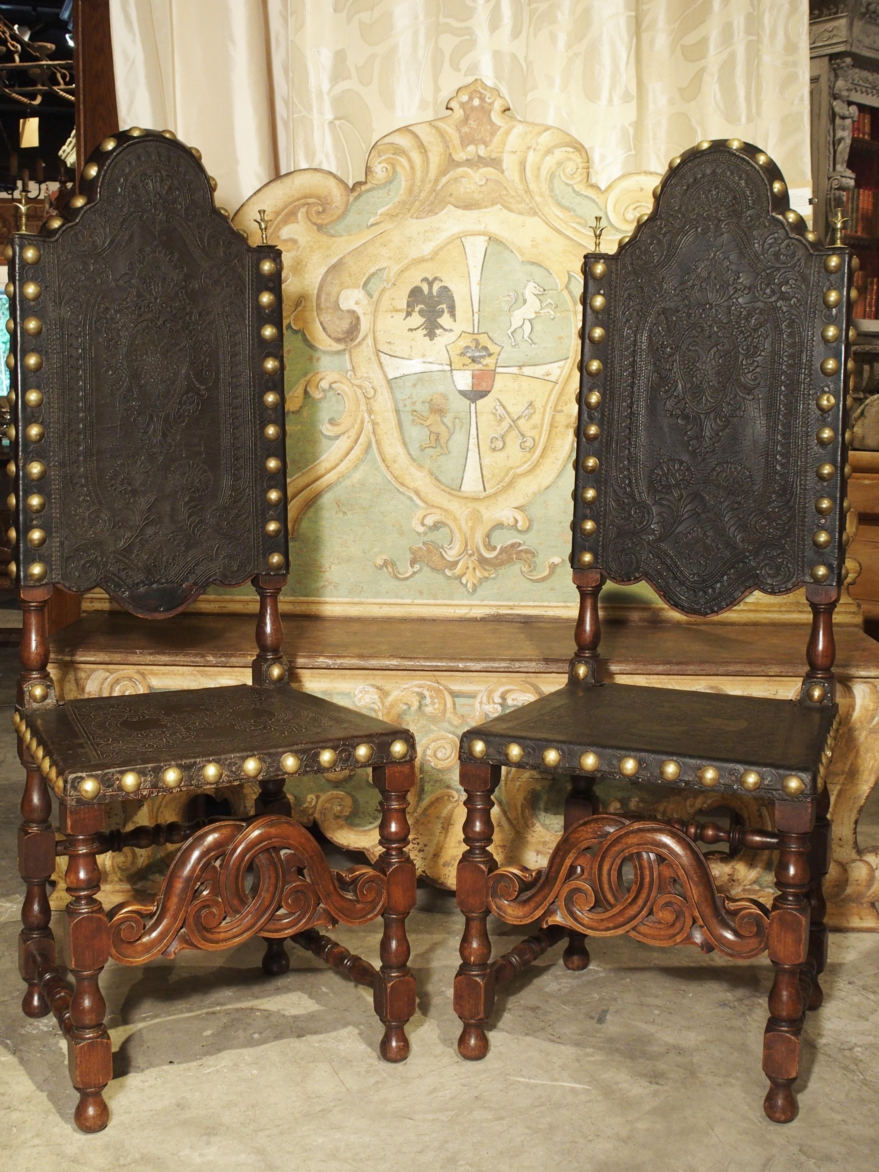 Portuguese Pair of Antique Oak, Leather, and Brass Side Chairs from Portugal, 19th Century