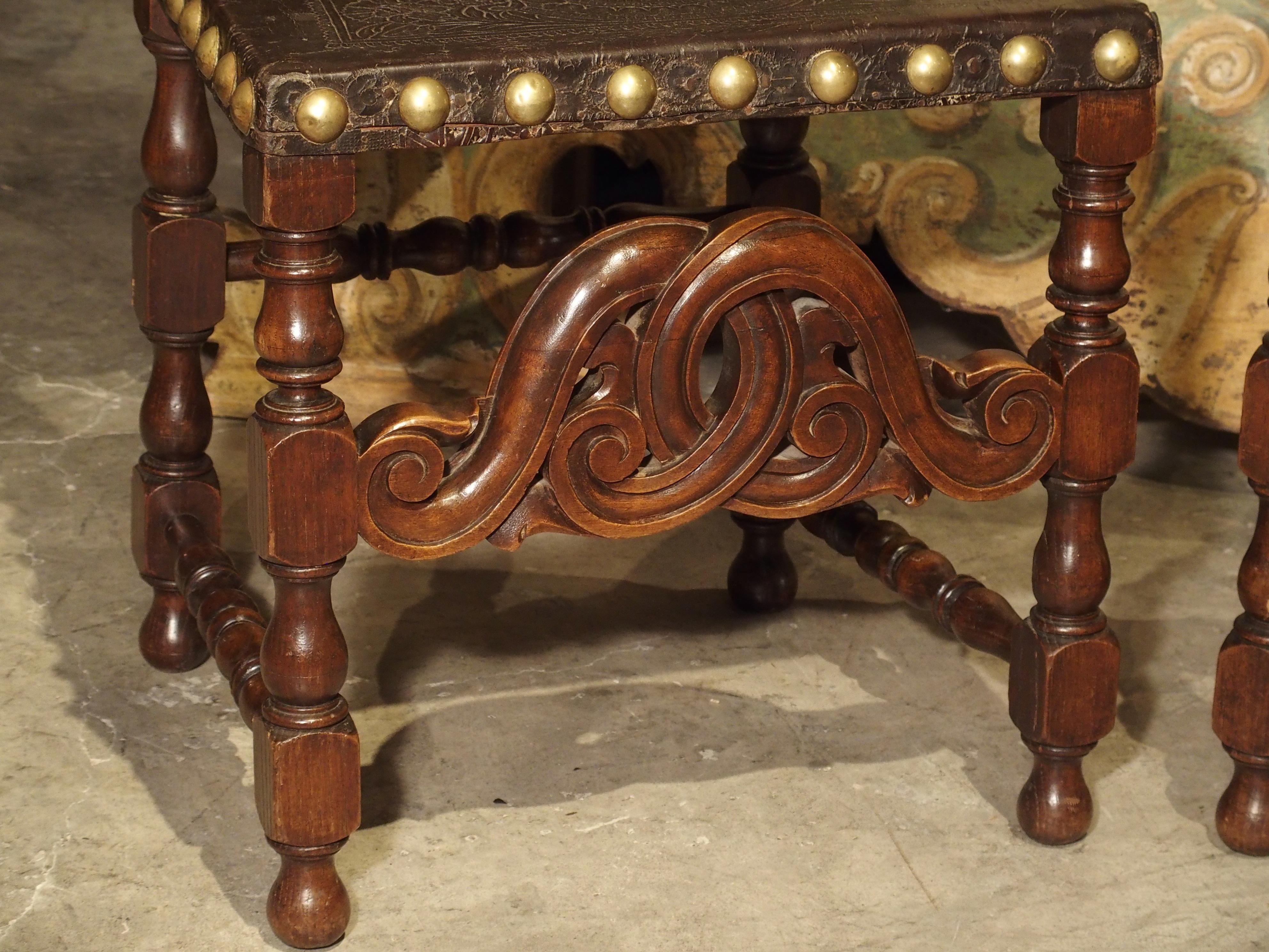 Hand-Carved Pair of Antique Oak, Leather, and Brass Side Chairs from Portugal, 19th Century