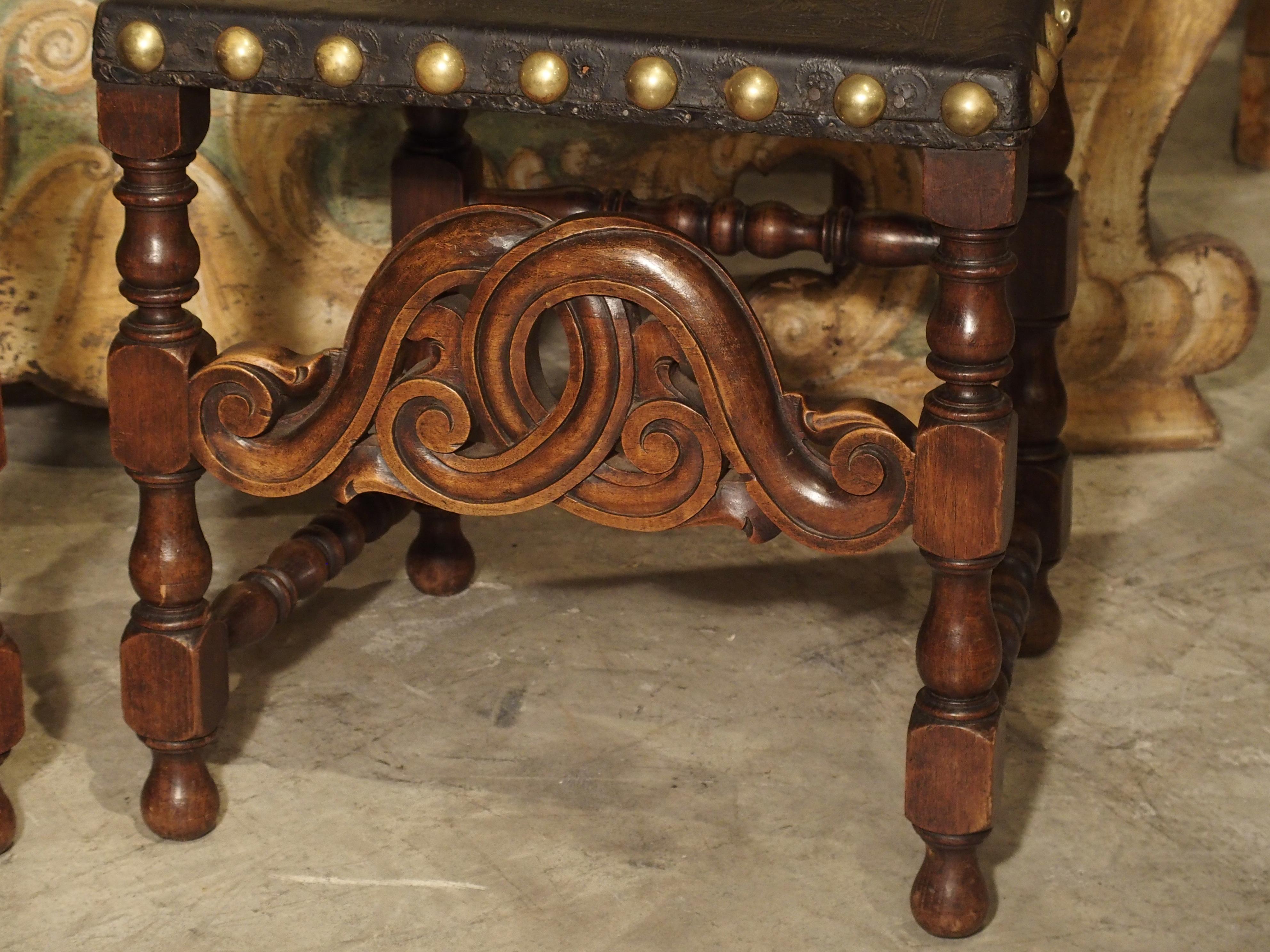 Pair of Antique Oak, Leather, and Brass Side Chairs from Portugal, 19th Century In Good Condition In Dallas, TX