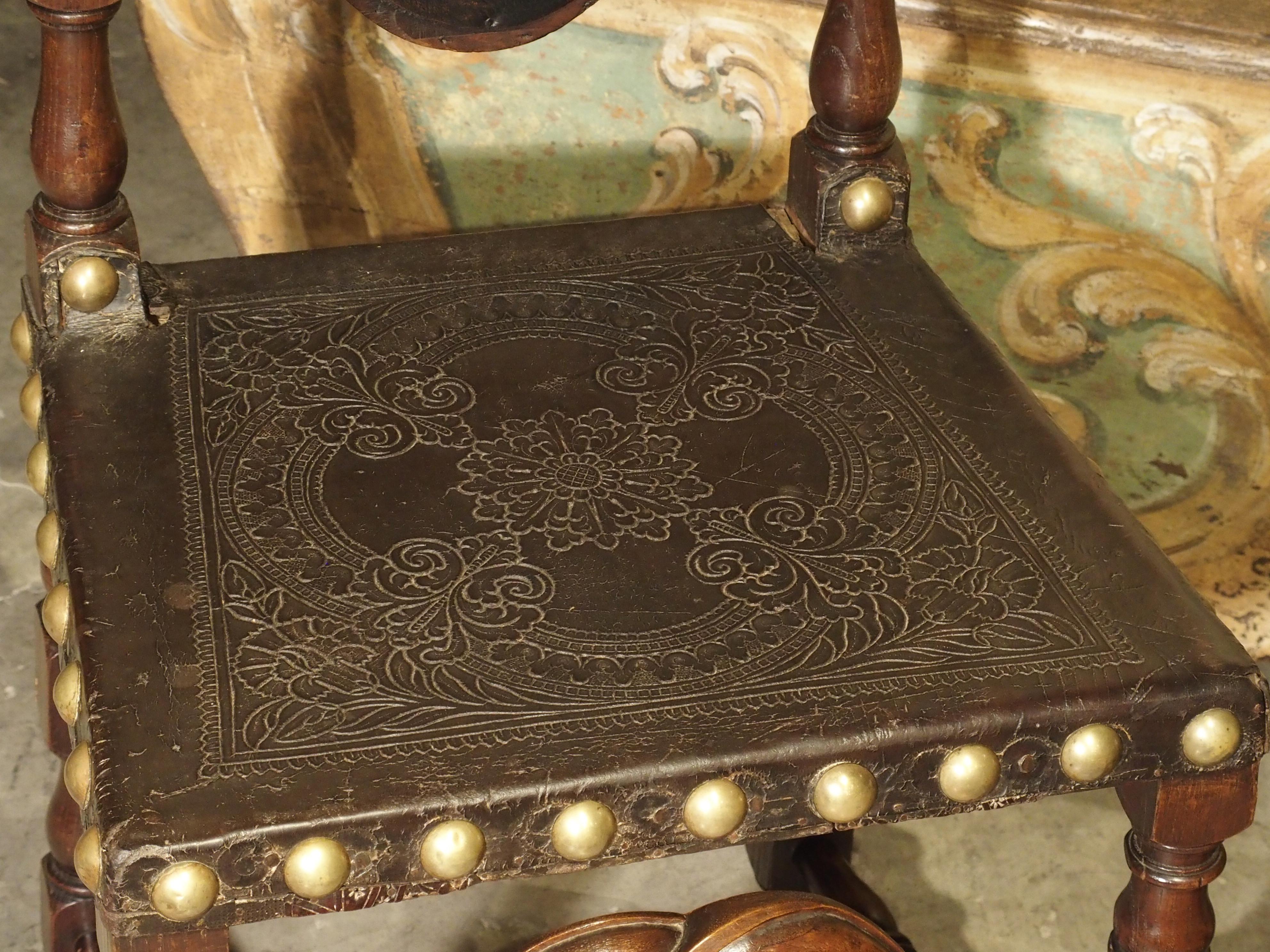 Pair of Antique Oak, Leather, and Brass Side Chairs from Portugal, 19th Century 3