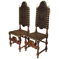 Pair of Antique Oak, Leather, and Brass Side Chairs from Portugal, 19th Century