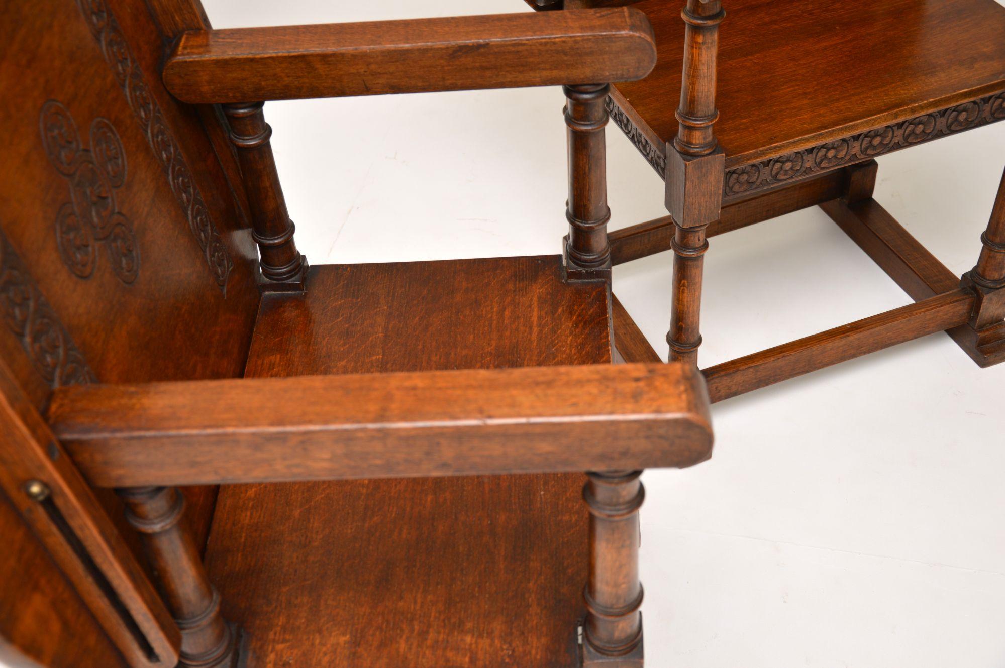 19th Century Pair of Antique Oak Monks Bench Armchairs / Tables