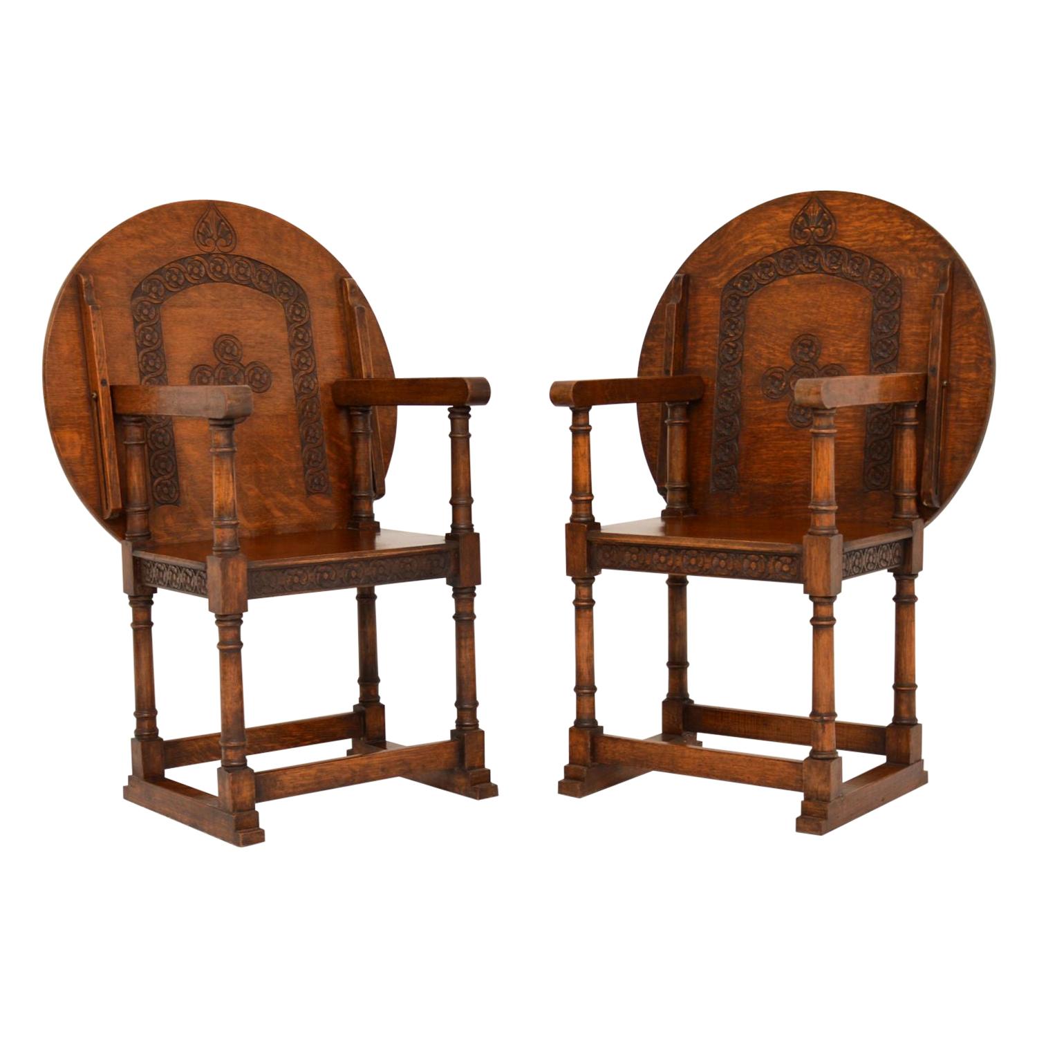 Pair of Antique Oak Monks Bench Armchairs / Tables