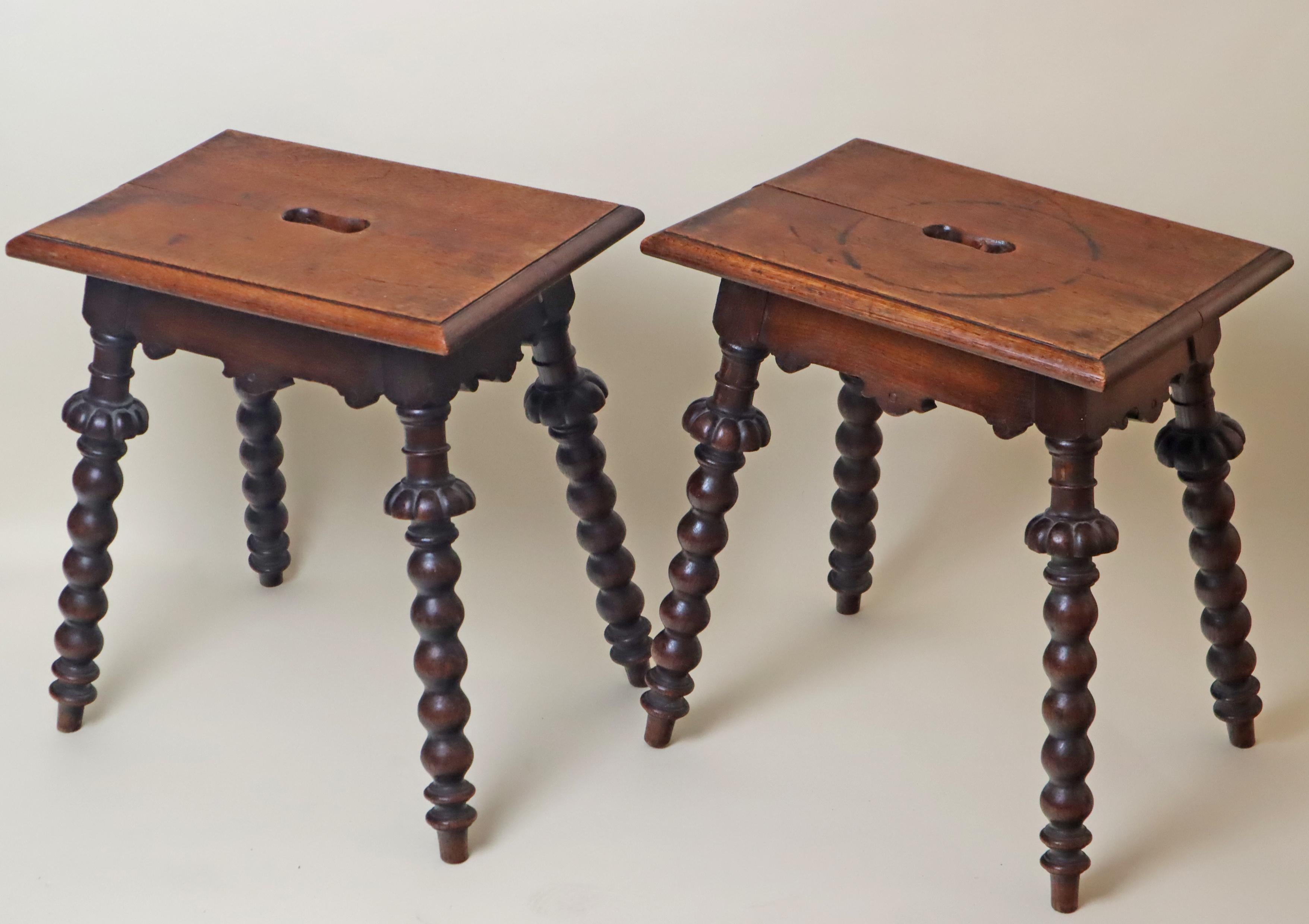 Pair of Antique Oak Stools Carved and Turned Around 1850 For Sale 4