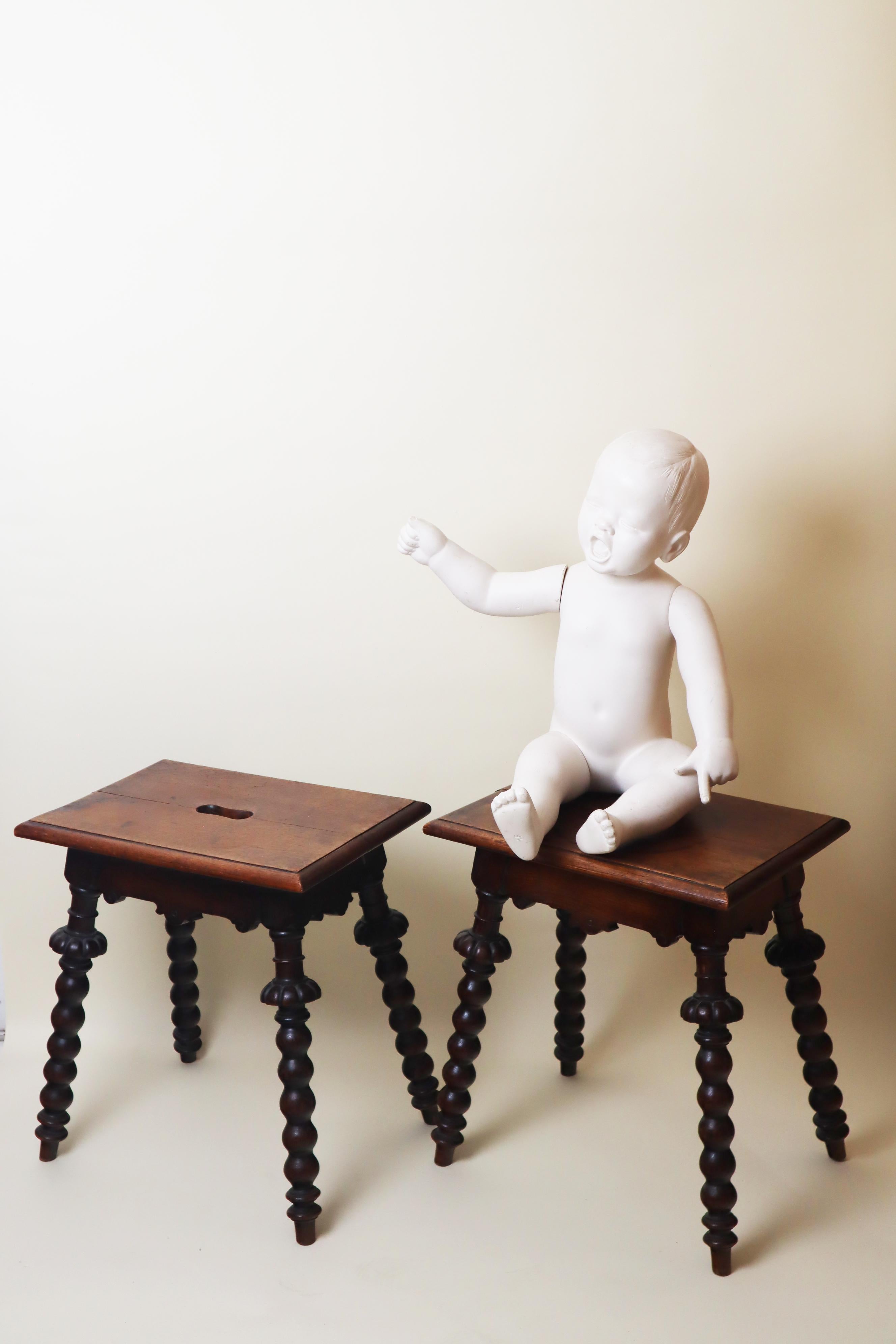 Pair of Antique Oak Stools Carved and Turned Around 1850 For Sale 5