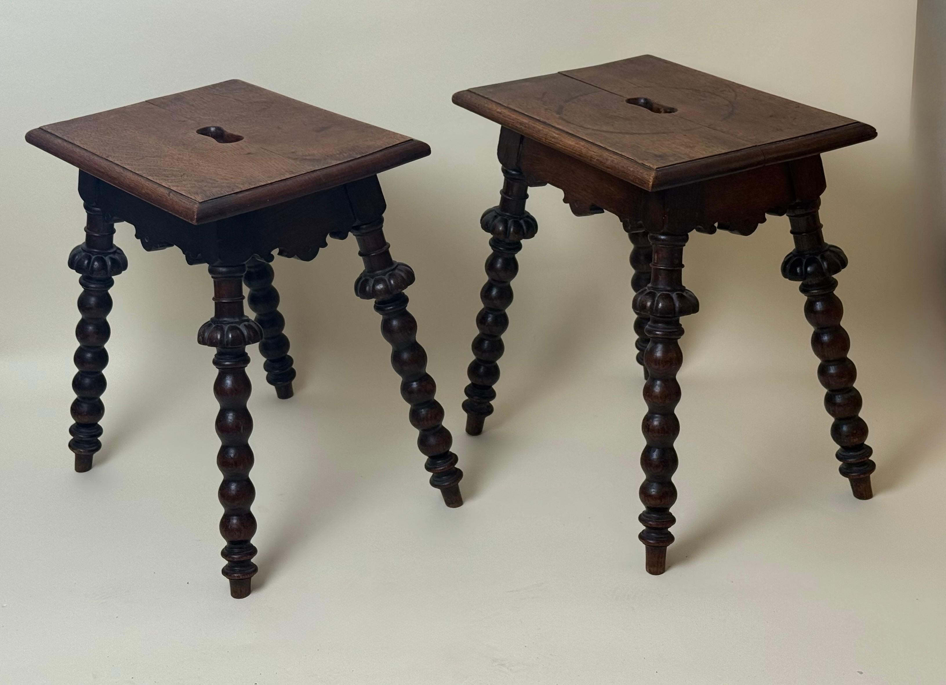 Pair of Antique Oak Stools Carved and Turned Around 1850 For Sale 6