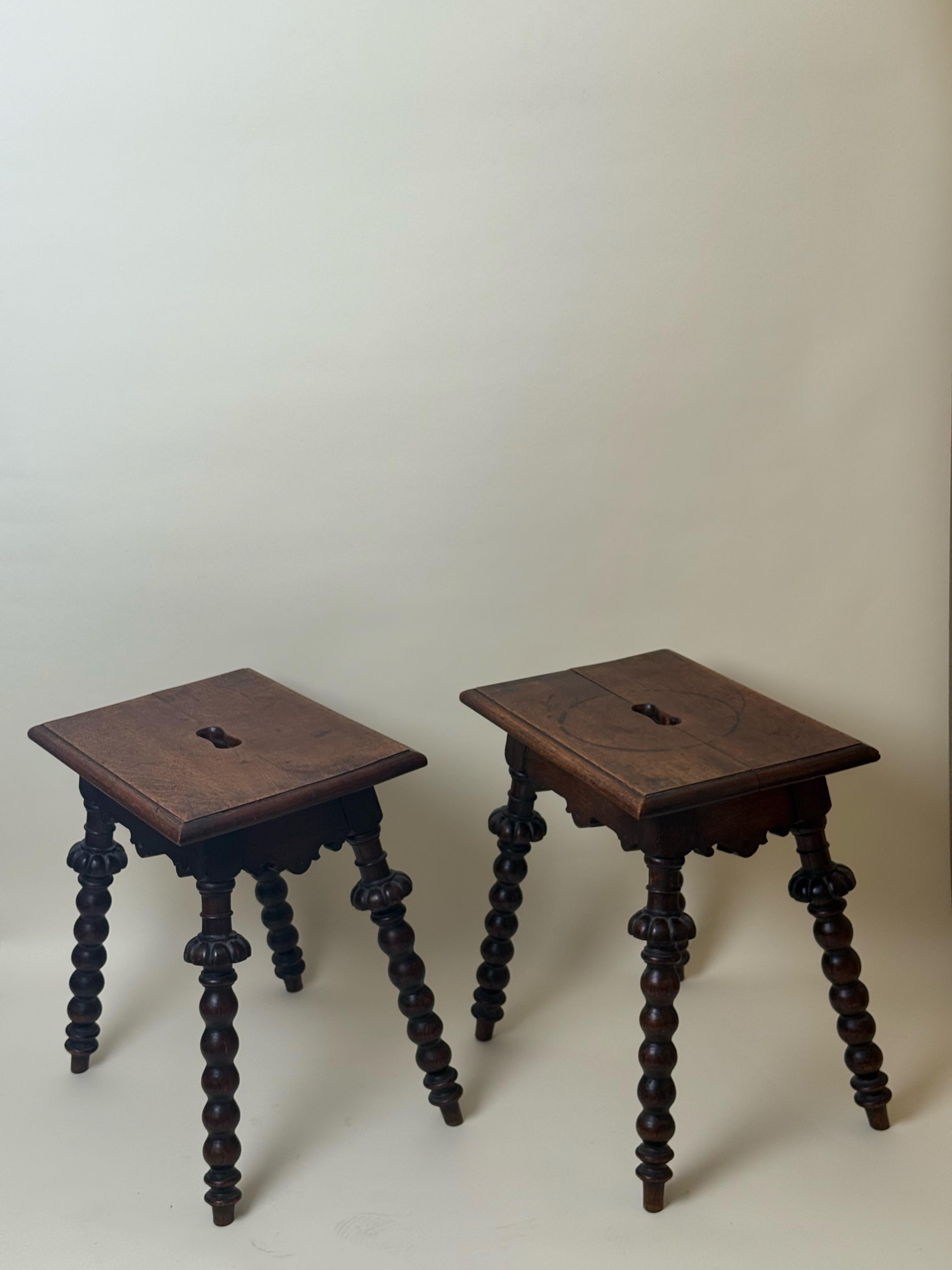 Pair of Antique Oak Stools Carved and Turned Around 1850 For Sale 7