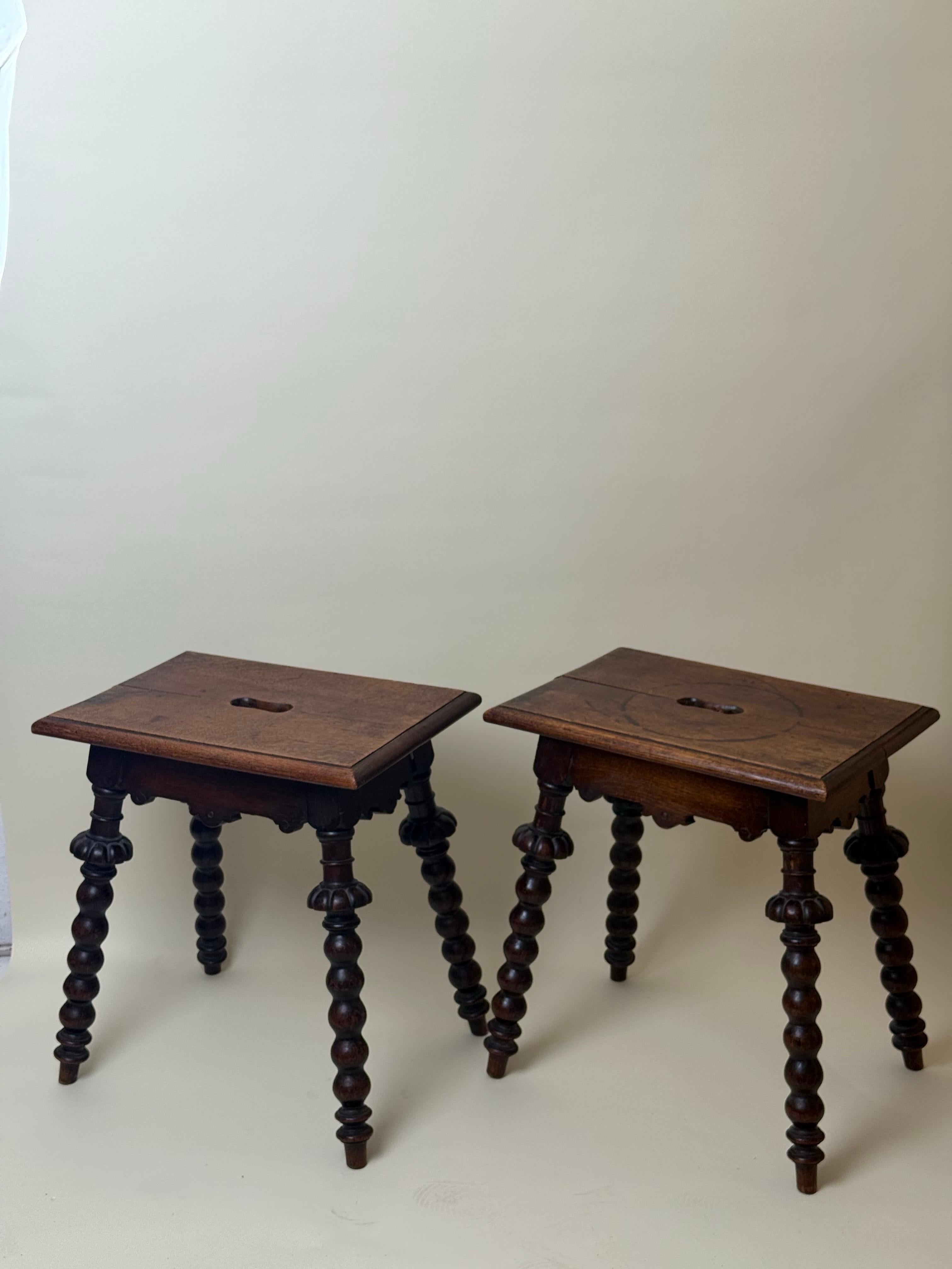 Pair of Antique Oak Stools Carved and Turned Around 1850 For Sale 8