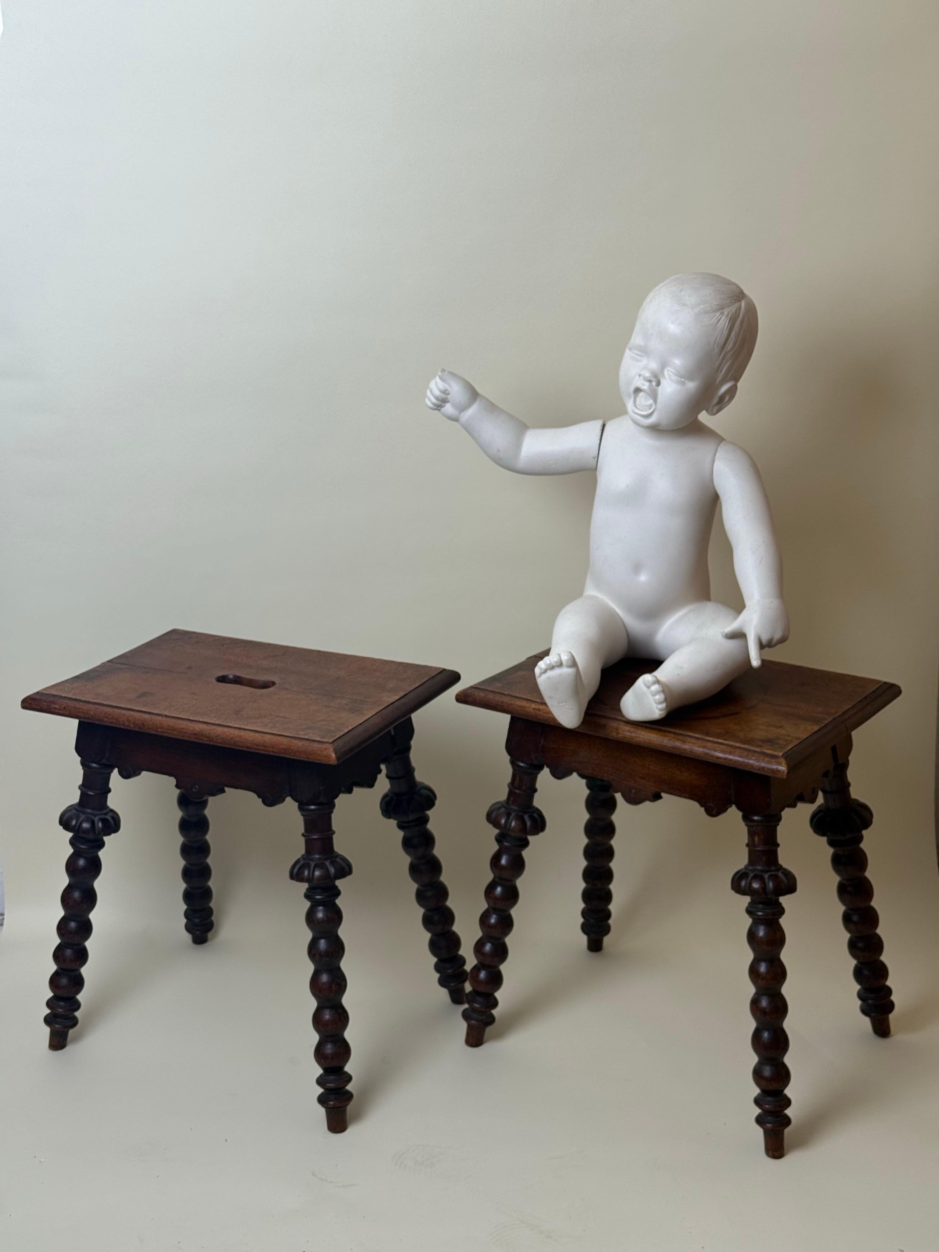 Pair of Antique Oak Stools Carved and Turned Around 1850 For Sale 9