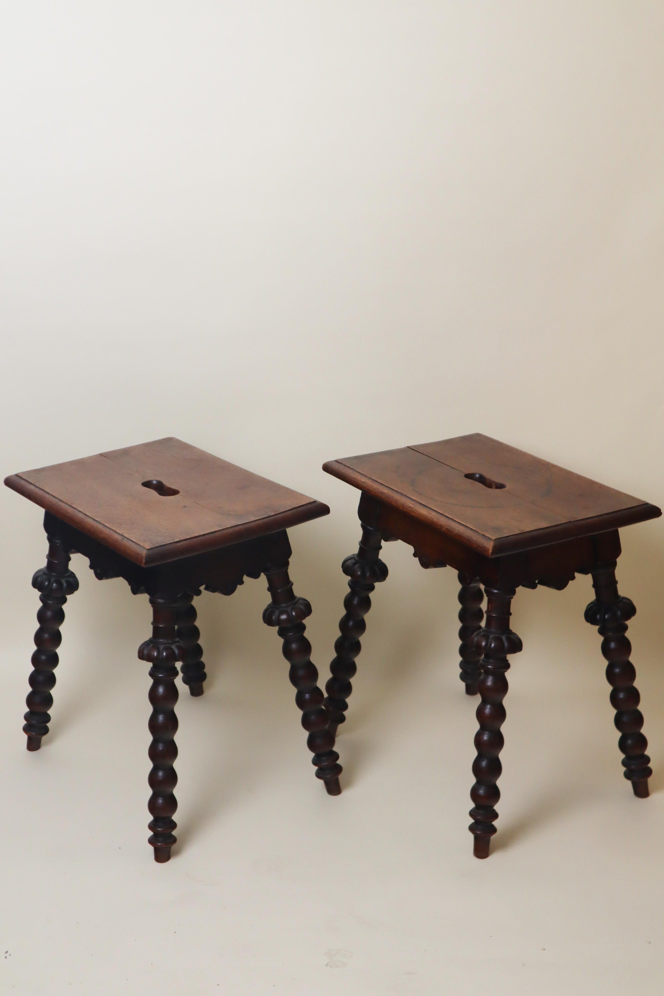 German Pair of Antique Oak Stools Carved and Turned Around 1850 For Sale