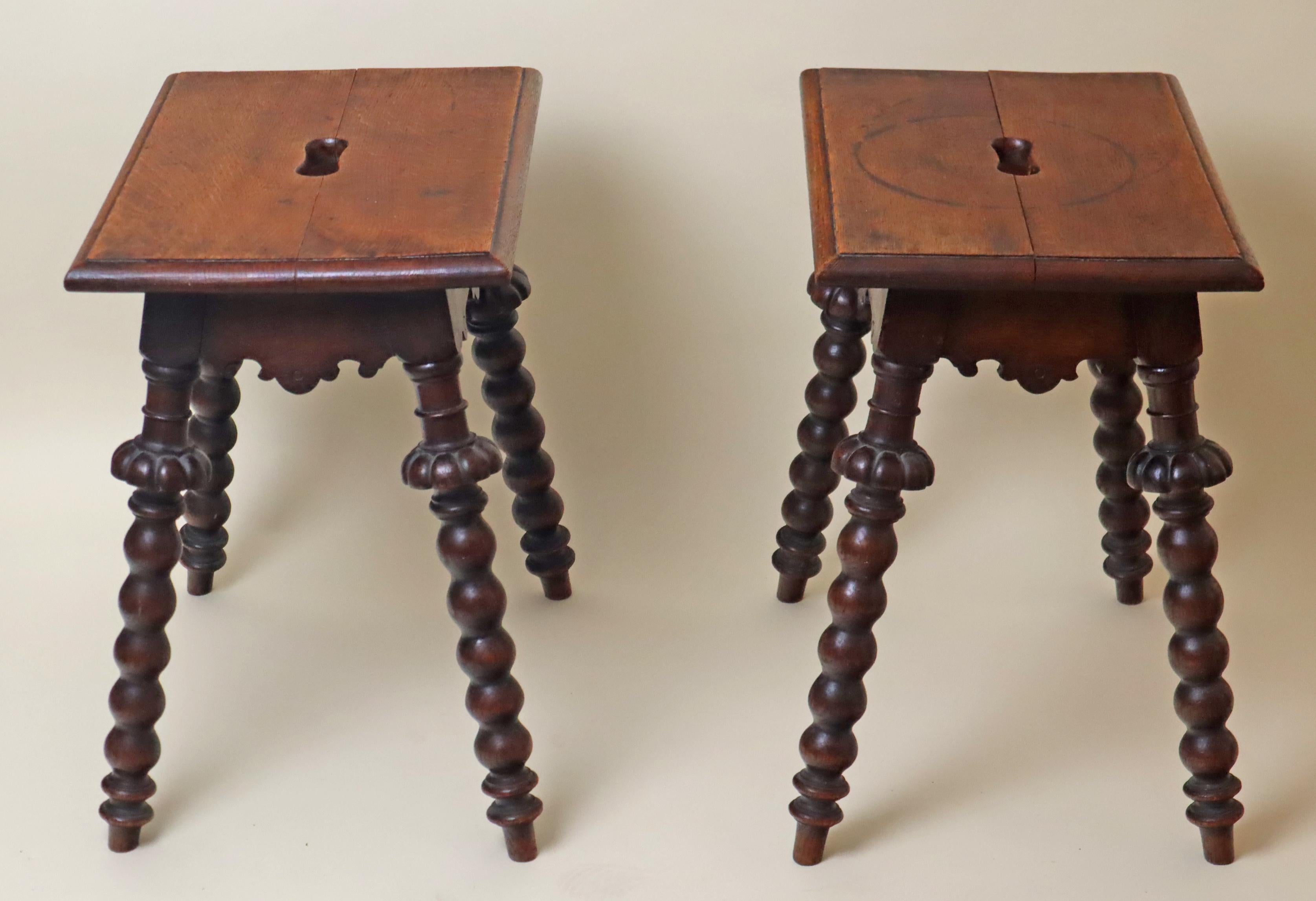 19th Century Pair of Antique Oak Stools Carved and Turned Around 1850 For Sale