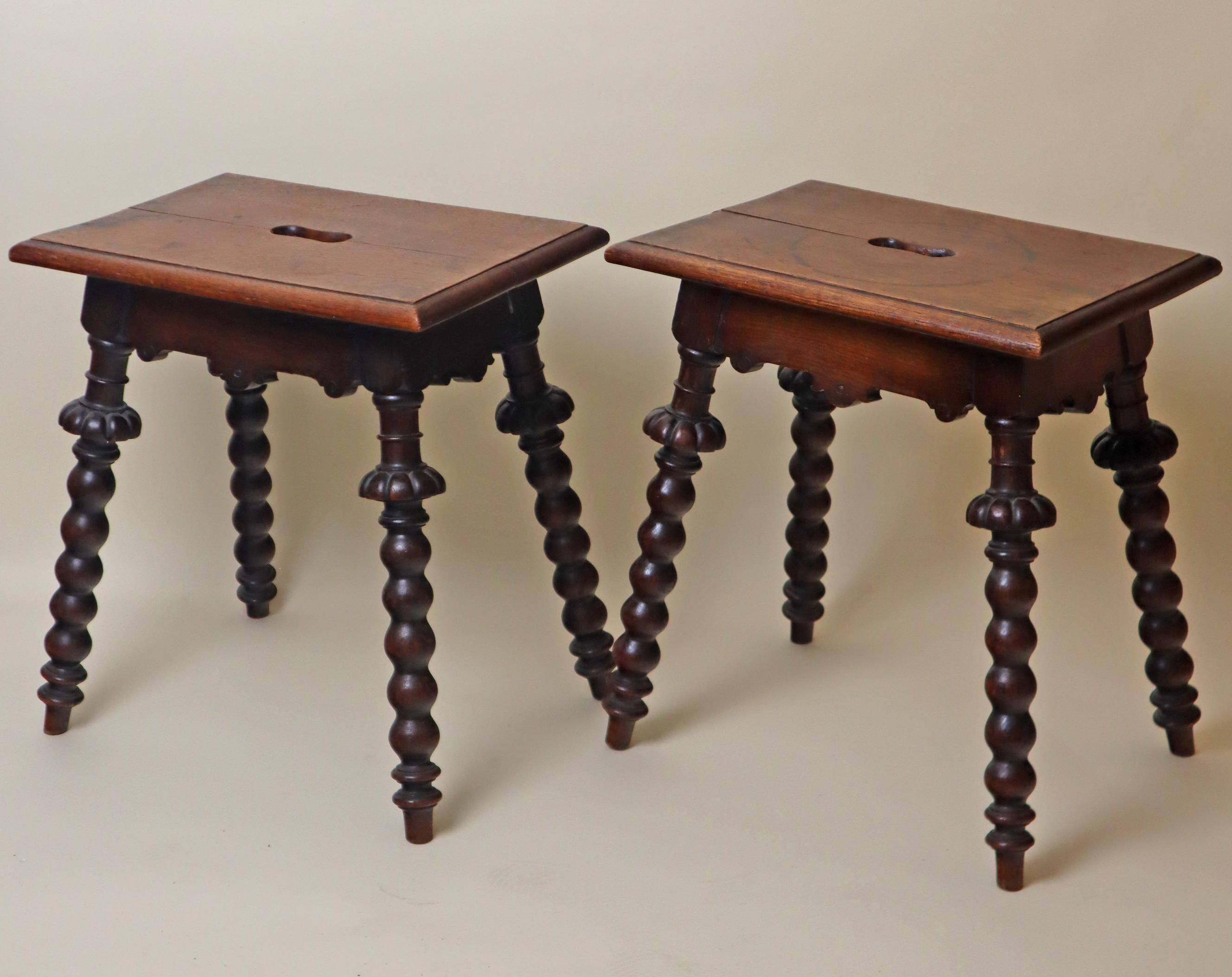 Pair of Antique Oak Stools Carved and Turned Around 1850 For Sale 1