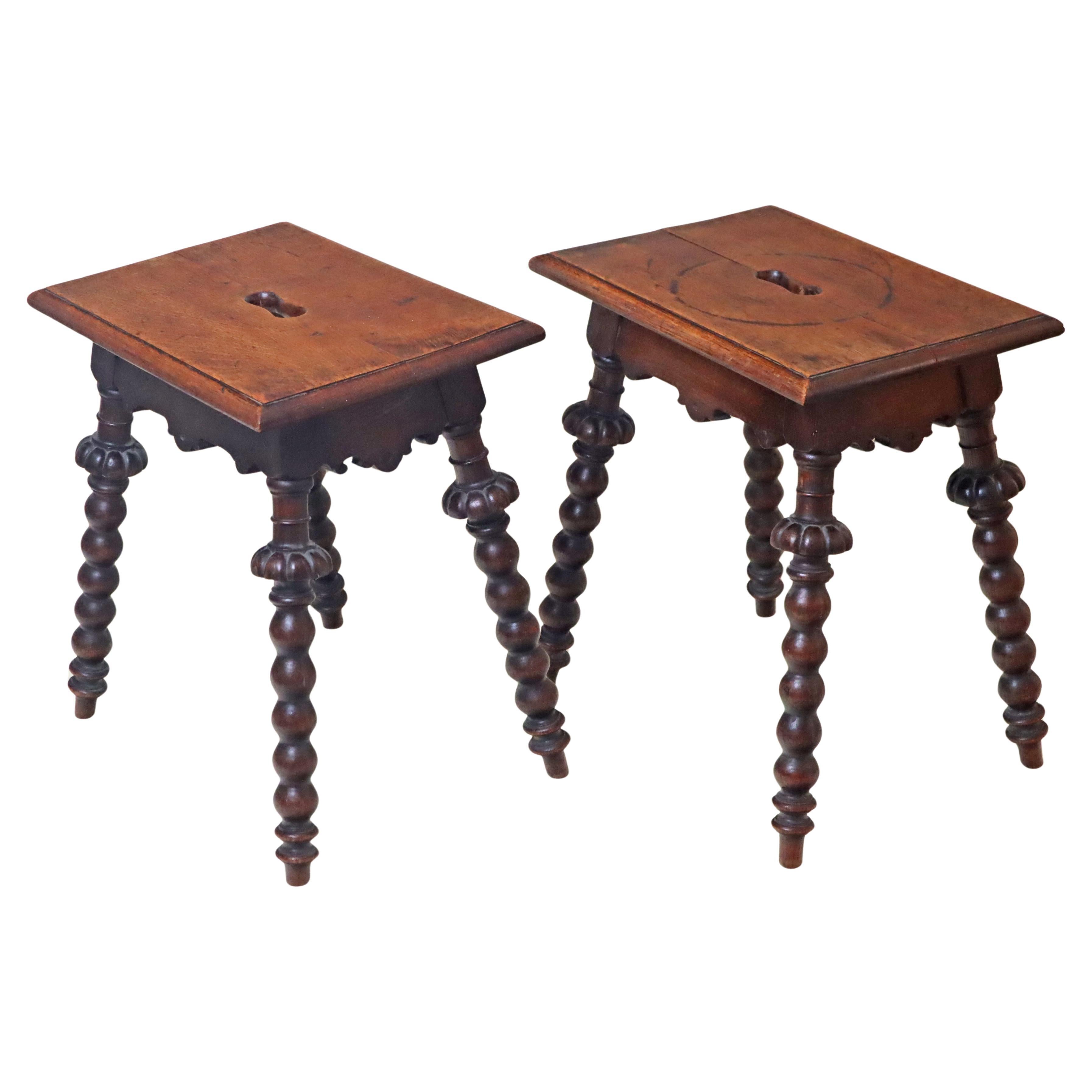 Pair of Antique Oak Stools Carved and Turned Around 1850 For Sale