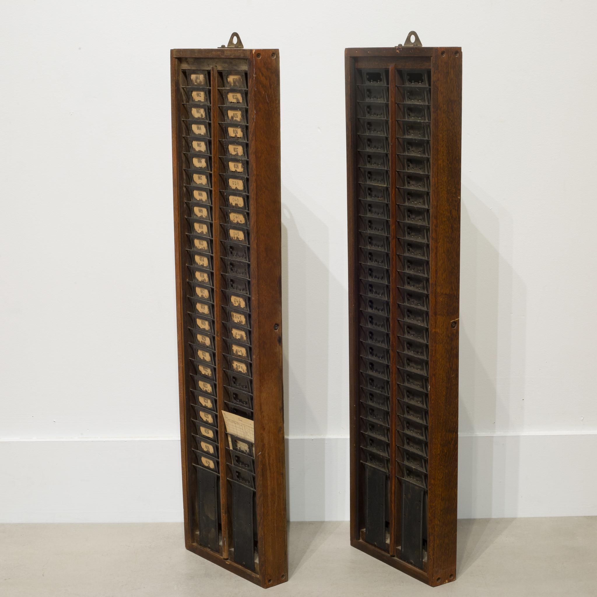 About

This is a pair of antique time card holders with numbered metal slots and an oak frame.

Creator unknown.
Date of manufacture circa 1900-1920.
Materials and techniques metal, steel.
Condition good. Wear consistent with age and