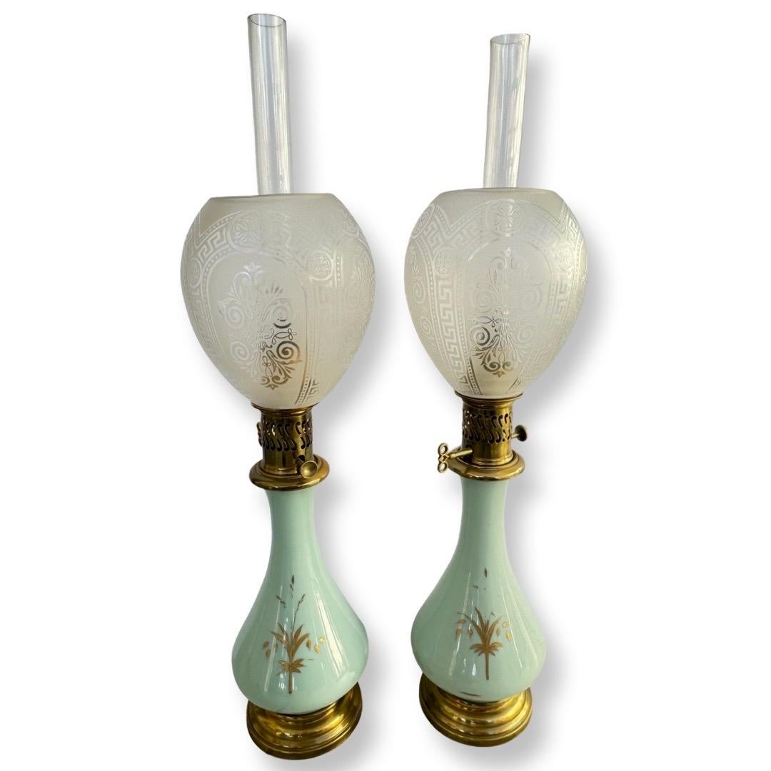 Empire Pair of Antique Oil Lamps with Original Baccarat Frosted Glass Shades For Sale