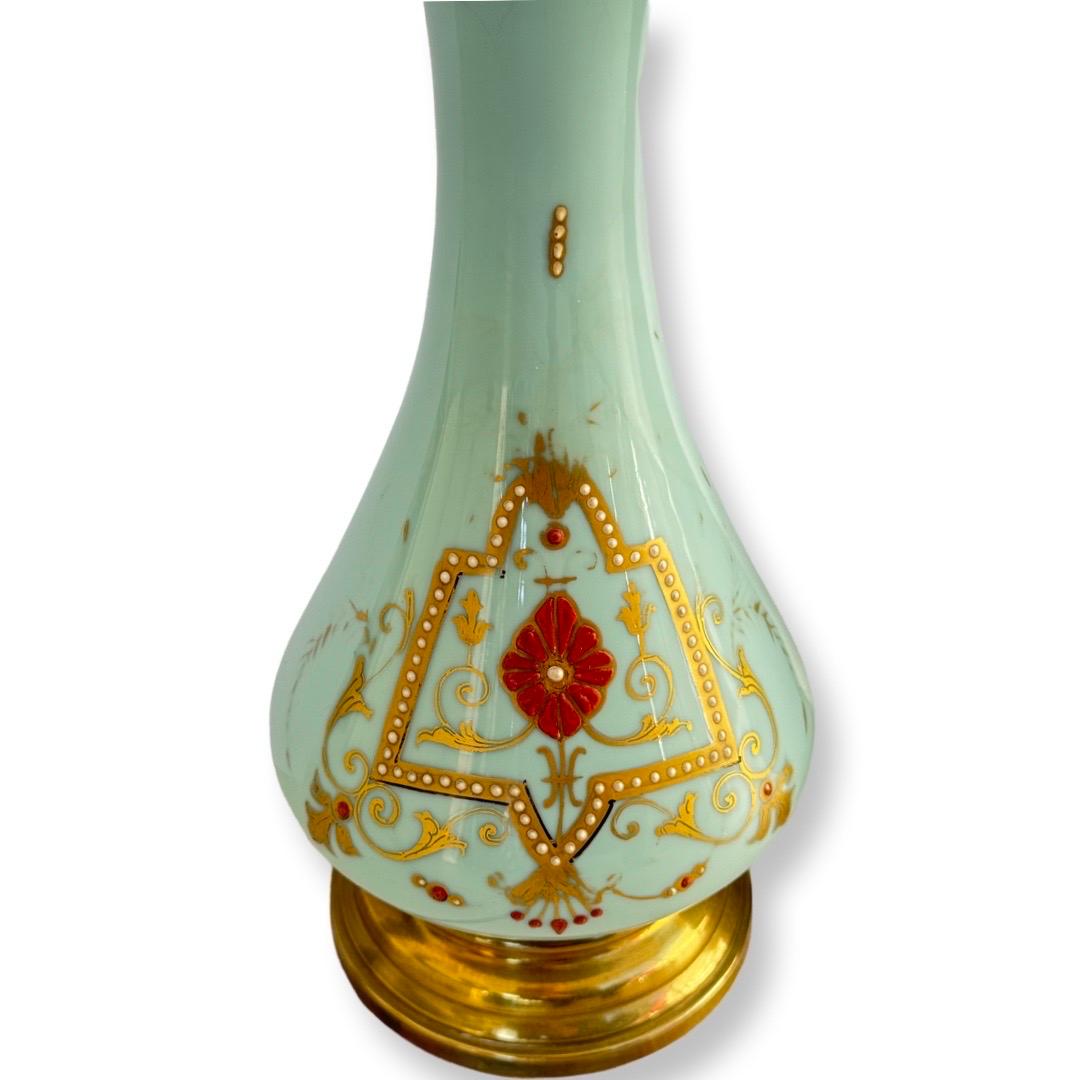 French Pair of Antique Oil Lamps with Original Baccarat Frosted Glass Shades For Sale