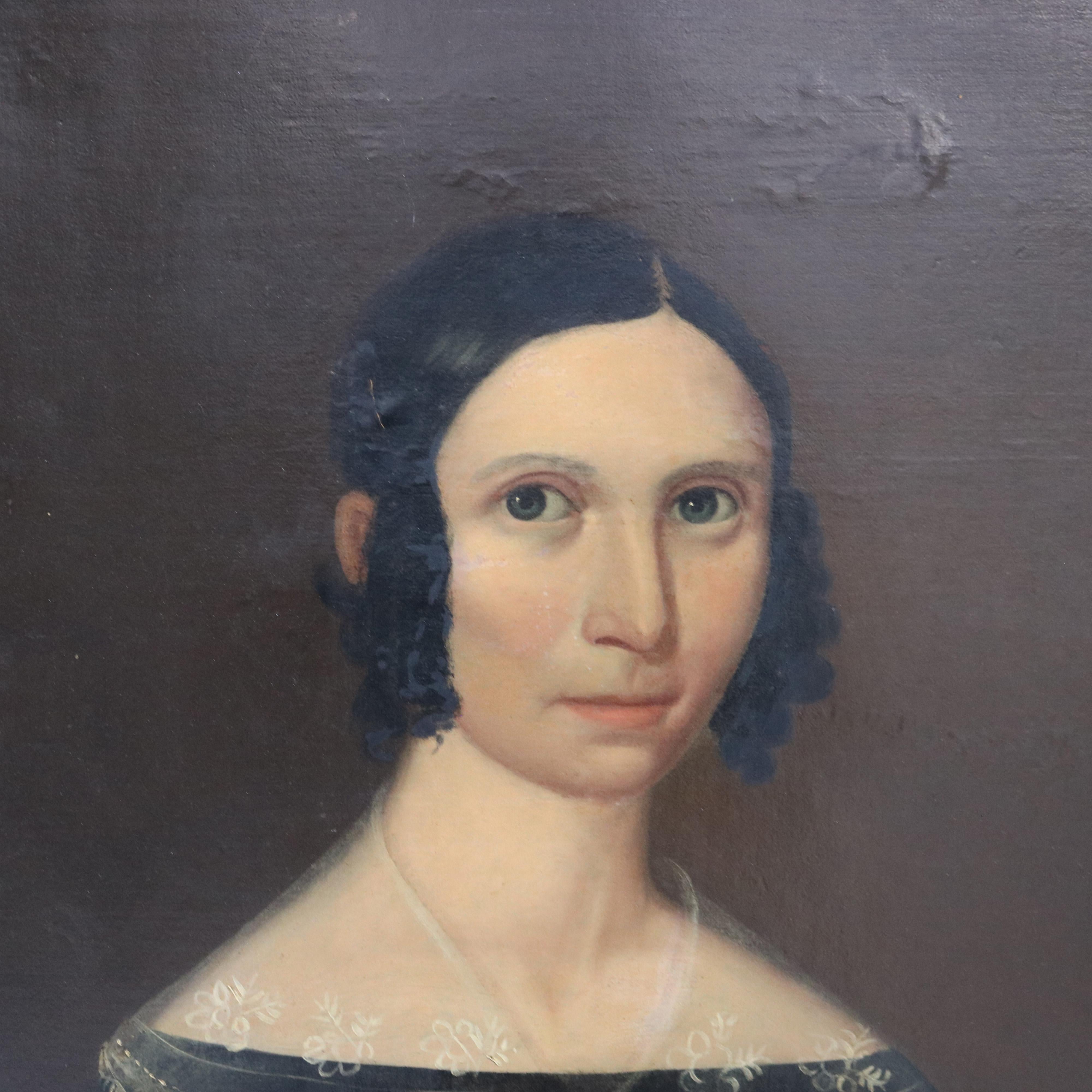 Coppia di antichi ritratti di uomo e donna olio su tavola, incorniciati, C1840

32 3/4
